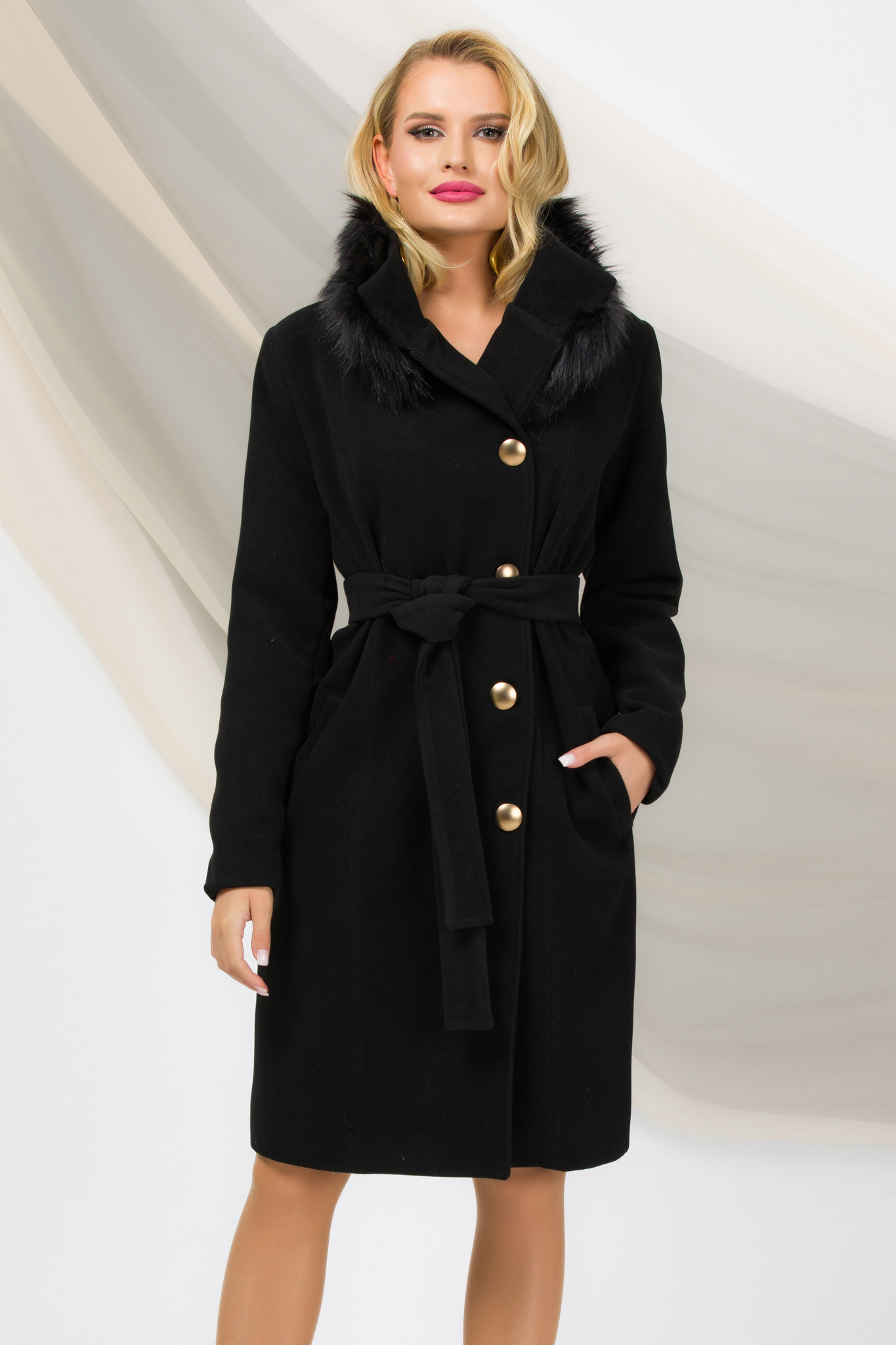 Black coat elastic cloth straight fur collar