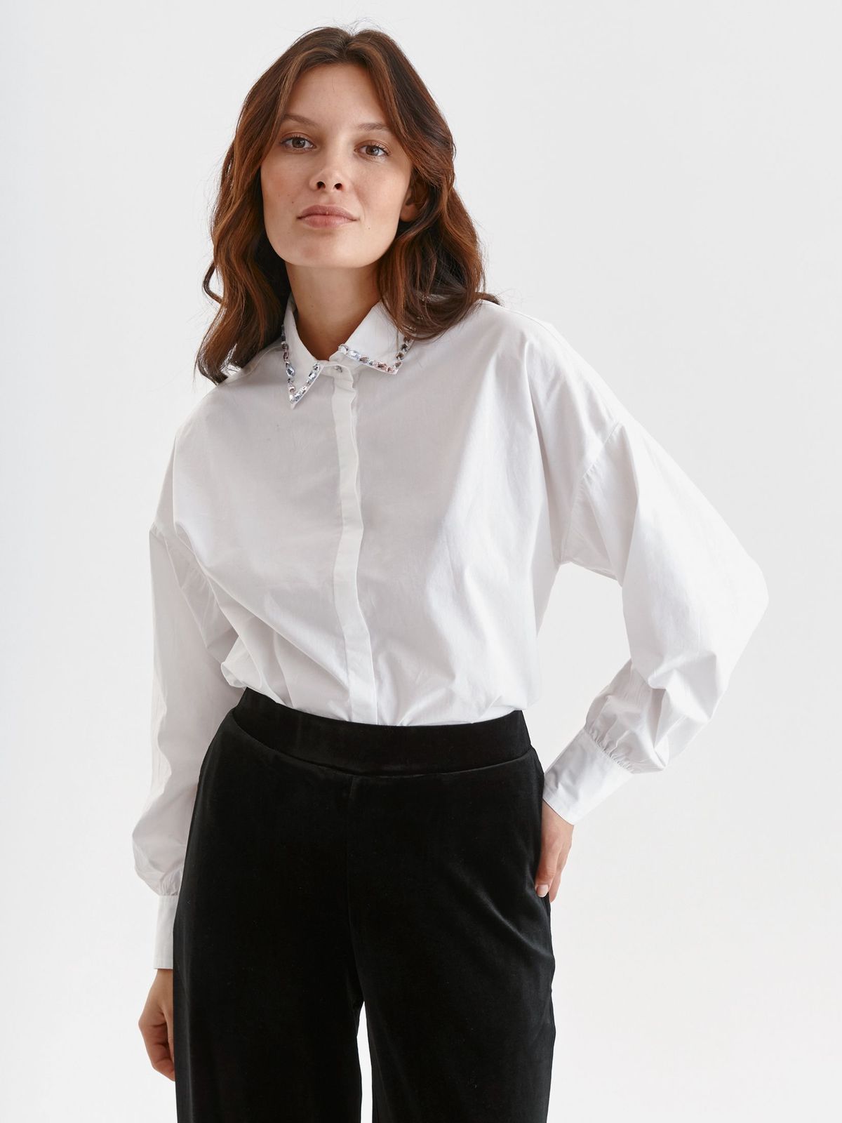 White women`s shirt poplin loose fit with crystal embellished details