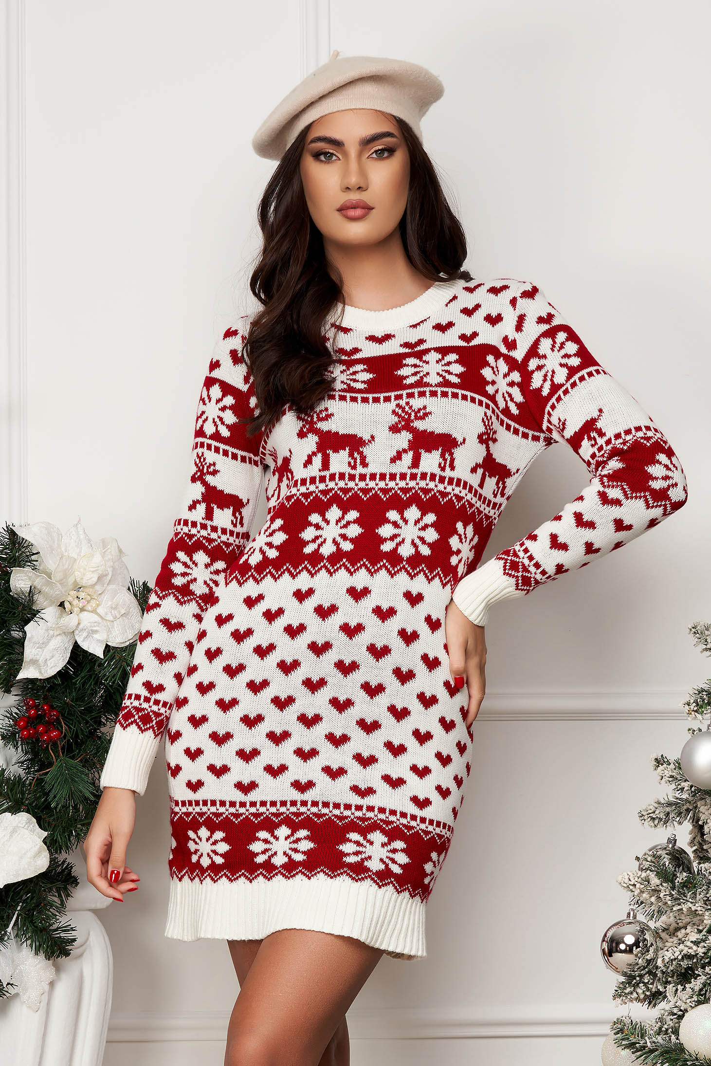 Rochie din tricot scurta cu un croi drept si imprimeu festiv 1 - StarShinerS.ro