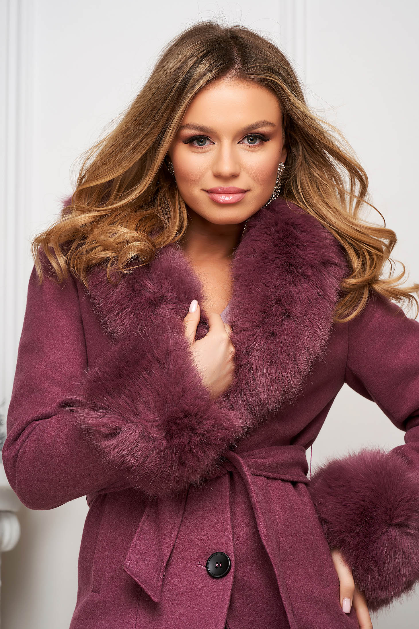 Purple coat wool tented fur collar detachable collar