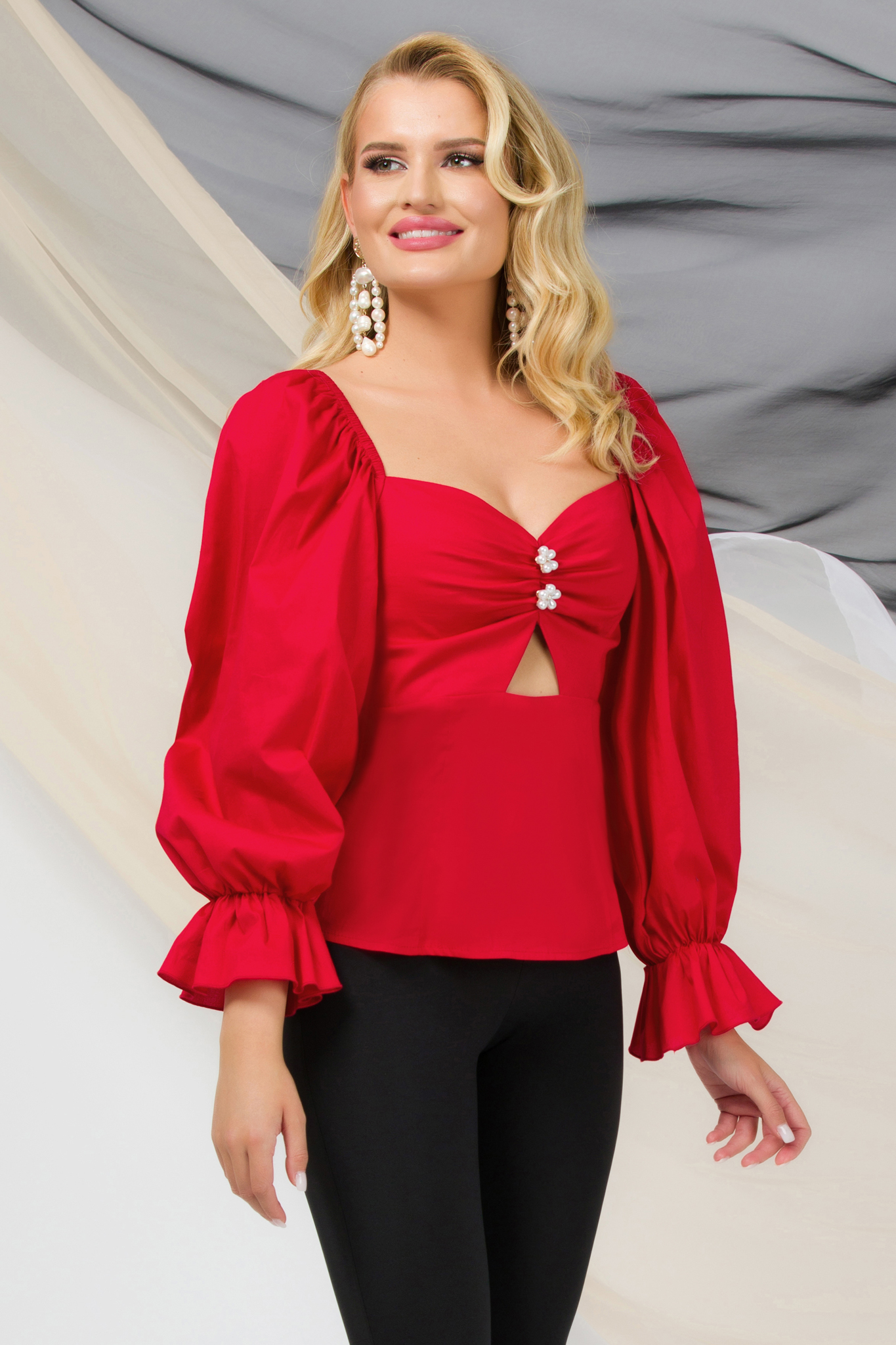 Red poplin blouse for women with a fitted cut and puffy sleeves - PrettyGirl