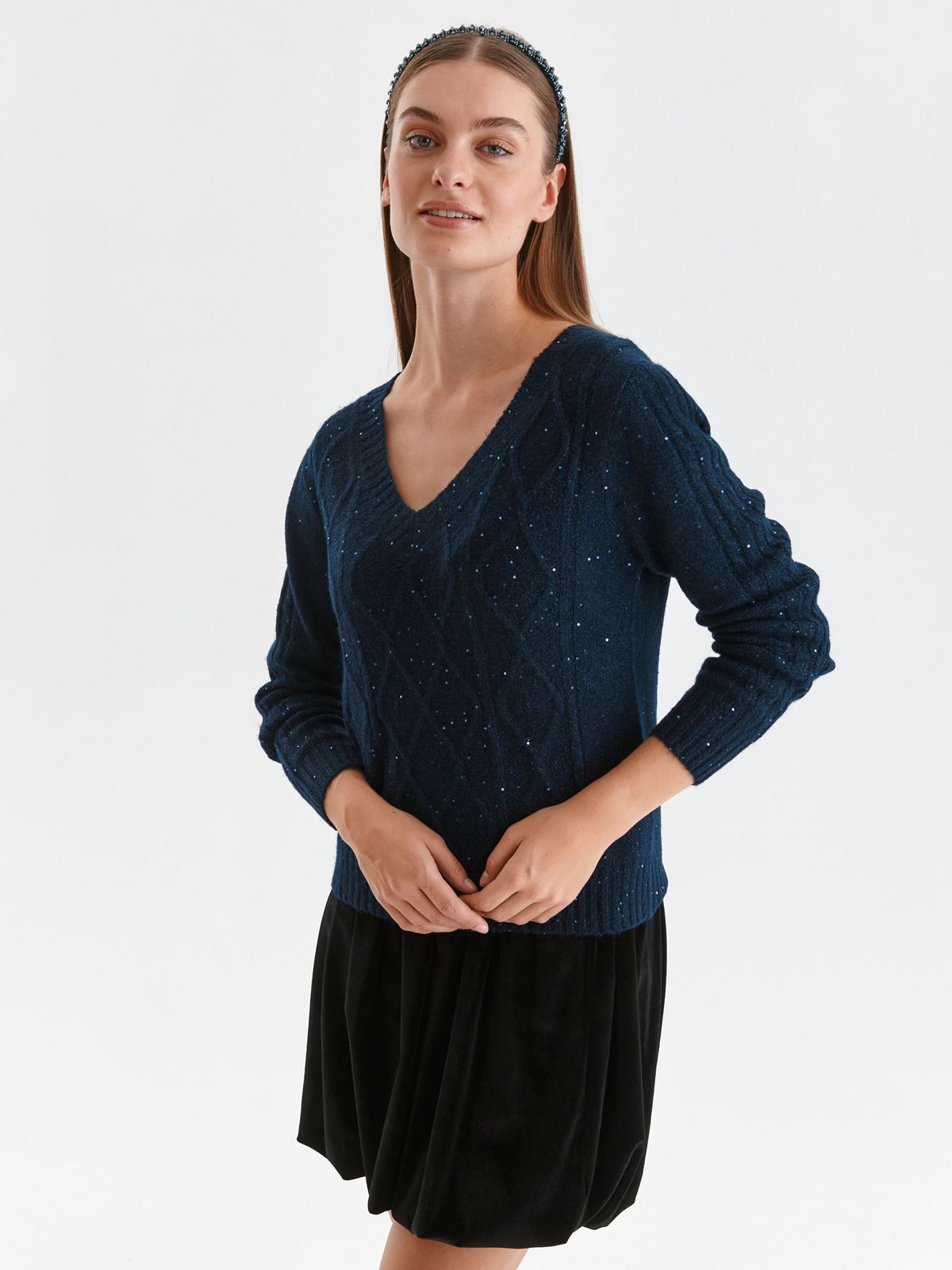 Petrol blue sweater knitted loose fit with sequin embellished details raised pattern
