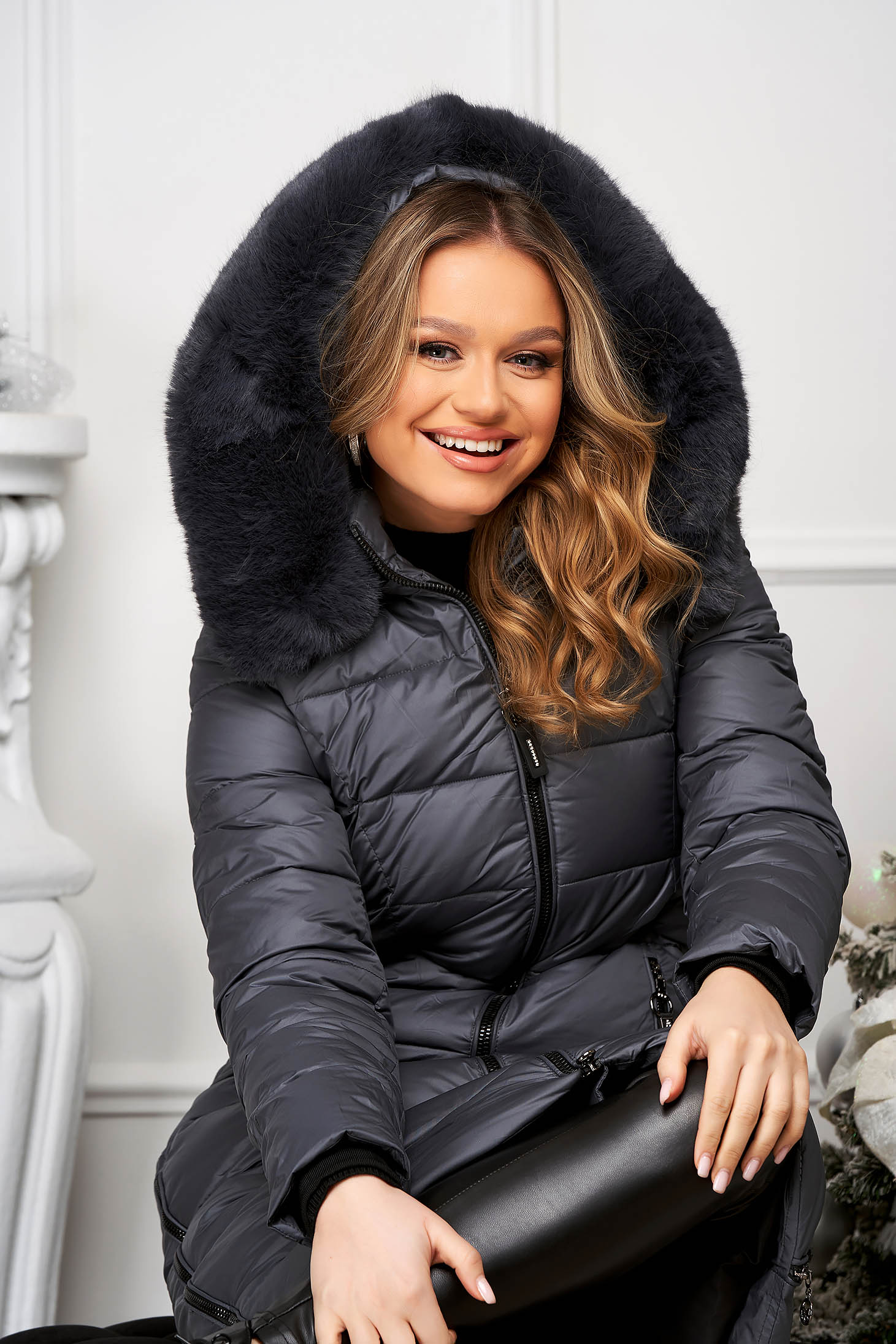 Grey jacket from slicker midi straight with faux fur accessory detachable hood 1 - StarShinerS.com