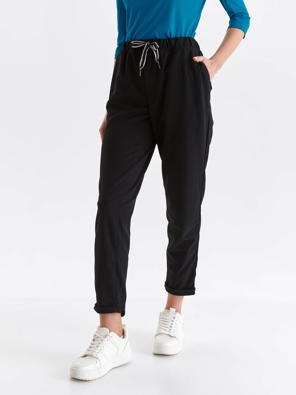 Black trousers long conical high waisted lateral pockets from elastic fabric