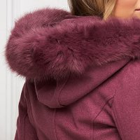 Purple coat wool tented detachable hood with faux fur accessory