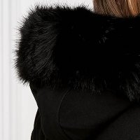 Palton din lana negru cambrat cu gluga detasabila accesorizat cu blana ecologica - SunShine