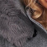 Palton din lana gri cambrat cu gluga detasabila accesorizat cu blana ecologica - SunShine