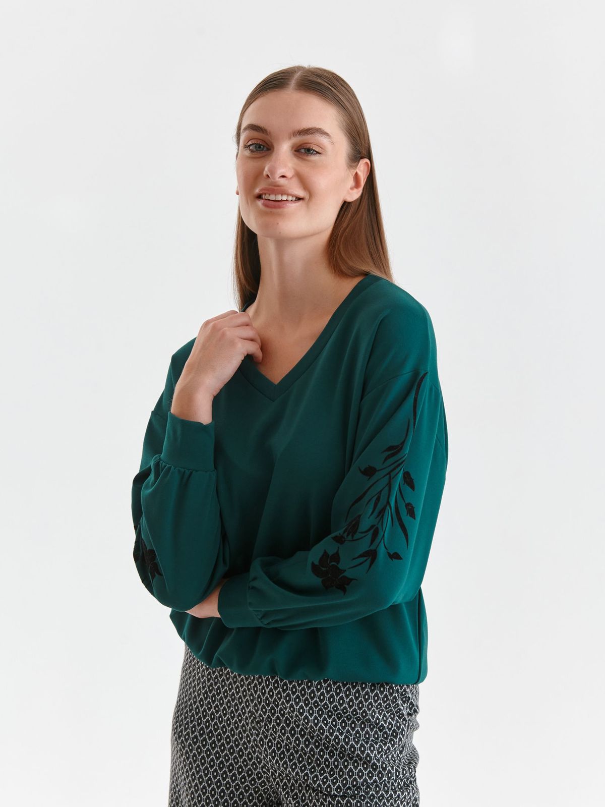 Bluza dama din material elastic verde-inchis cu croi larg si maneci bufante cu print - Top Secret
