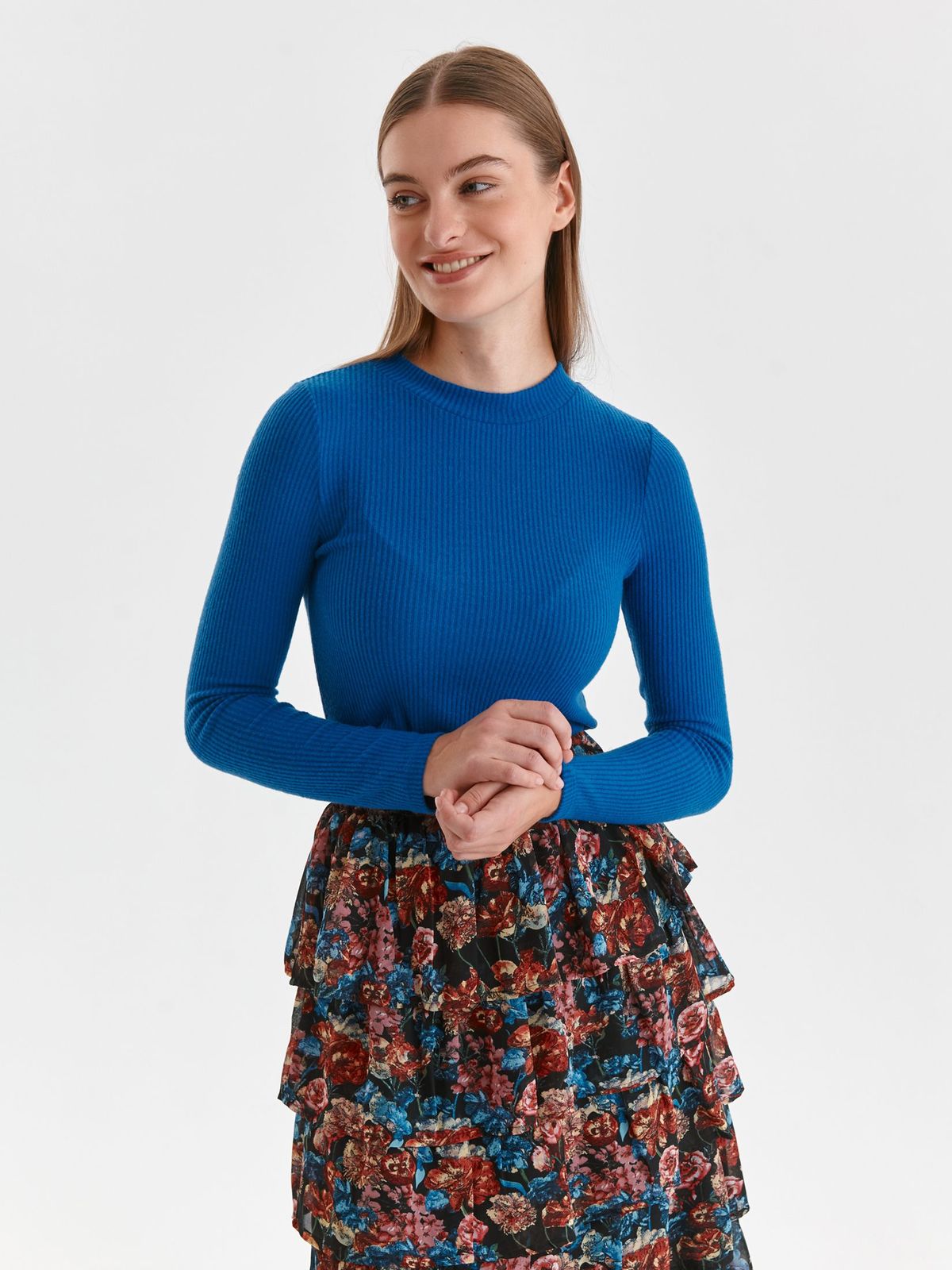 Bluza dama din tricot reiat albastra mulata cu guler rotunjit - Top Secret
