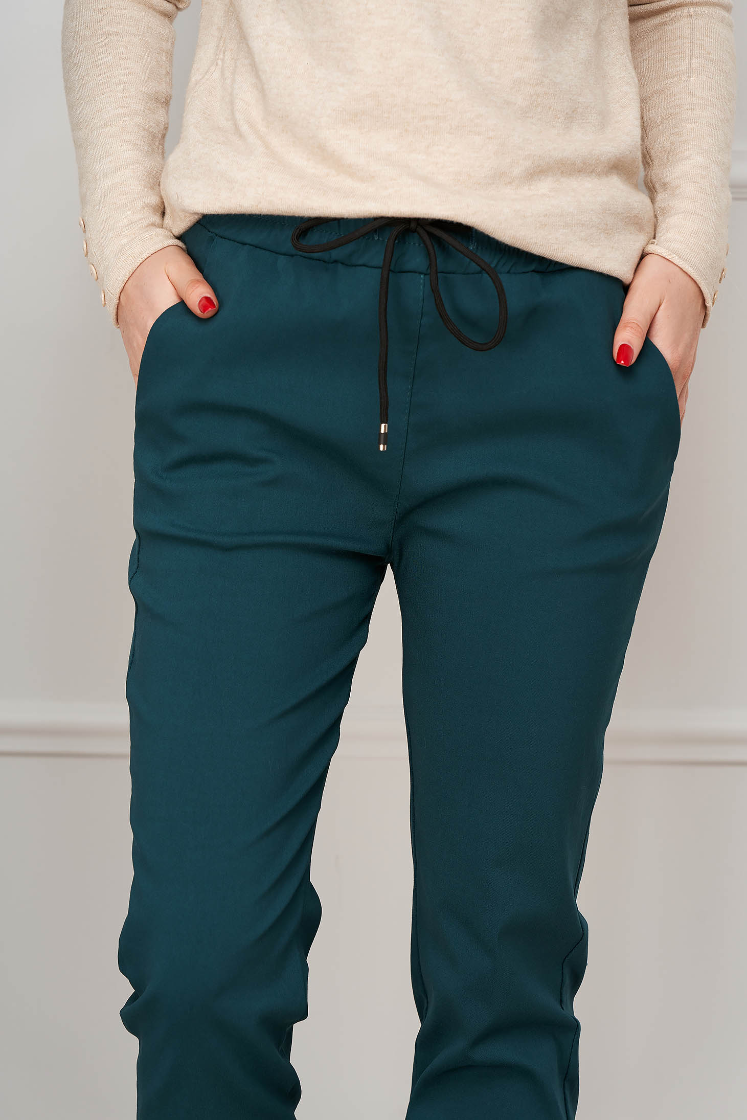 Pantaloni din strech verde petrol lungi cu elastic in talie si snur - SunShine 1 - StarShinerS.ro