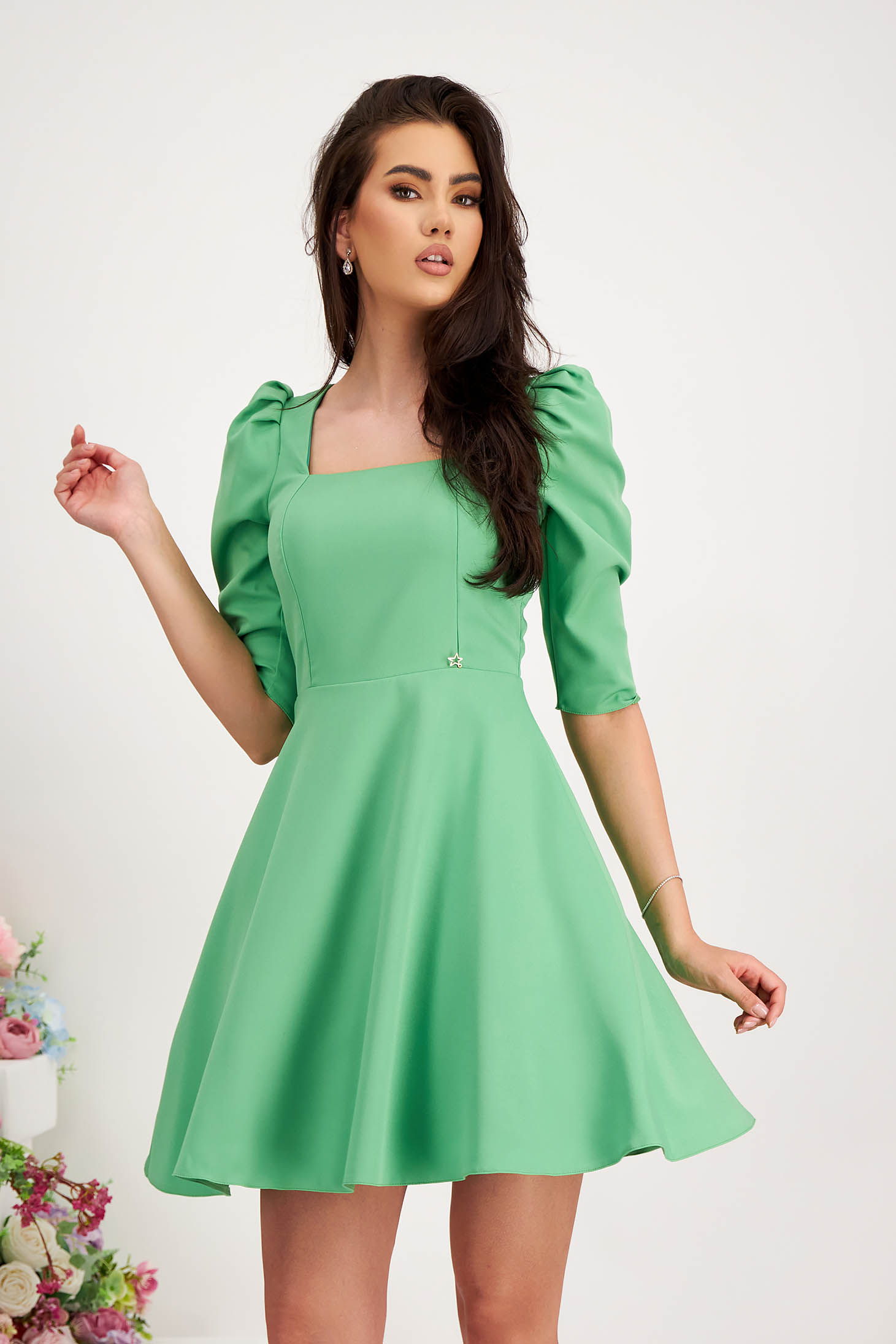 Light Green Short Cloche Dress from Slightly Elastic Fabric with Puffy Shoulders - StarShinerS
