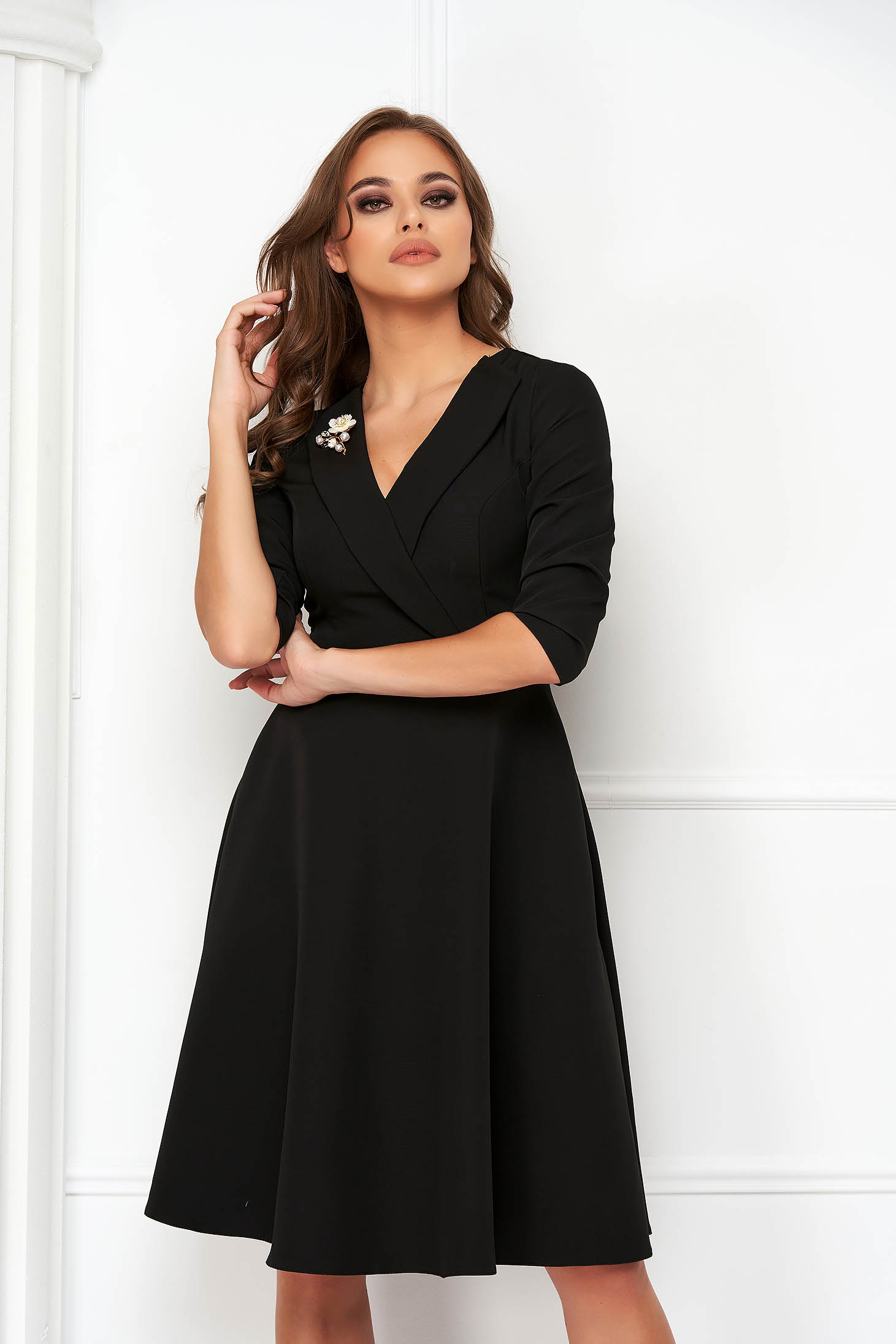 Black dress slightly elastic fabric midi cloche wrap over front - StarShinerS