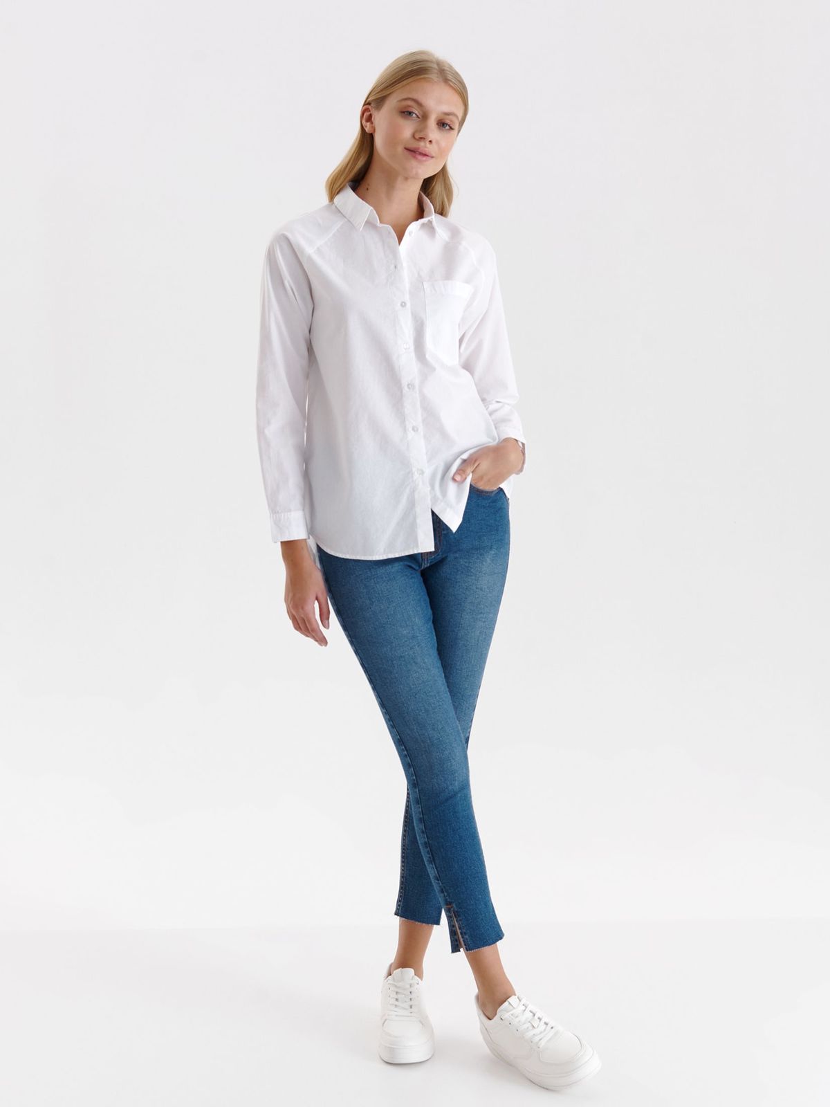 White women`s shirt cotton loose fit asymmetrical