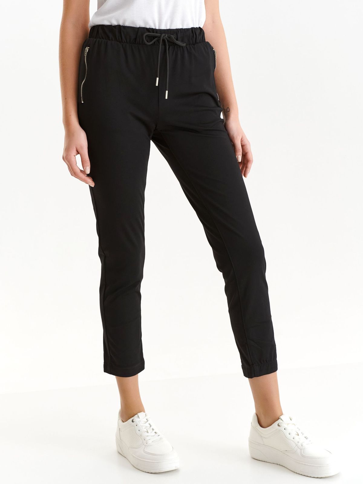 Black trousers from elastic fabric conical with zipper details pockets