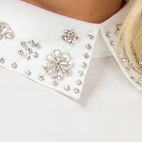 Ivory women`s blouse from veil fabric loose fit detachable collar with crystal embellished details
