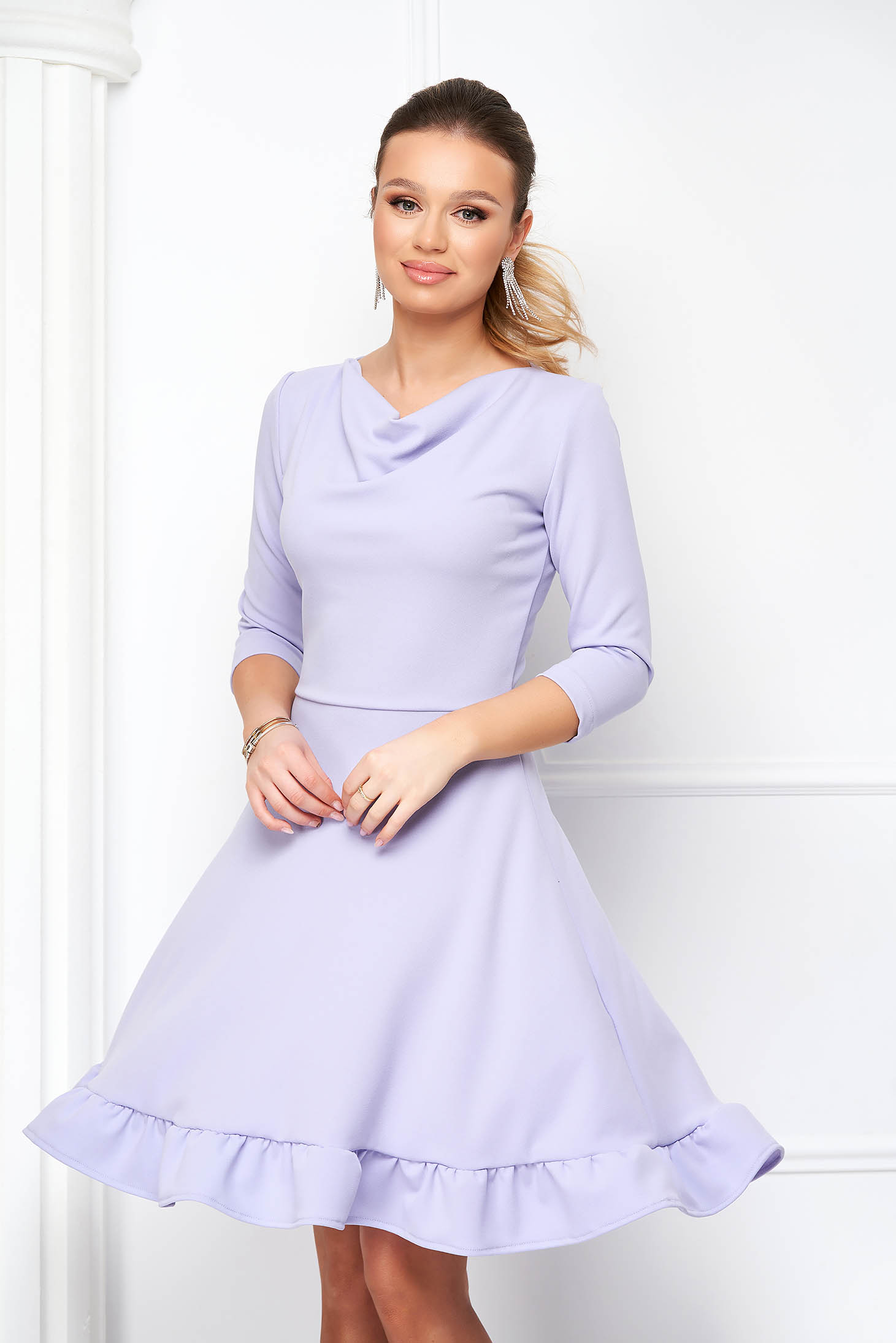 Lilac crepe dress in A-line with dropped neckline and ruffles at the base of the dress - StarShinerS 1 - StarShinerS.com
