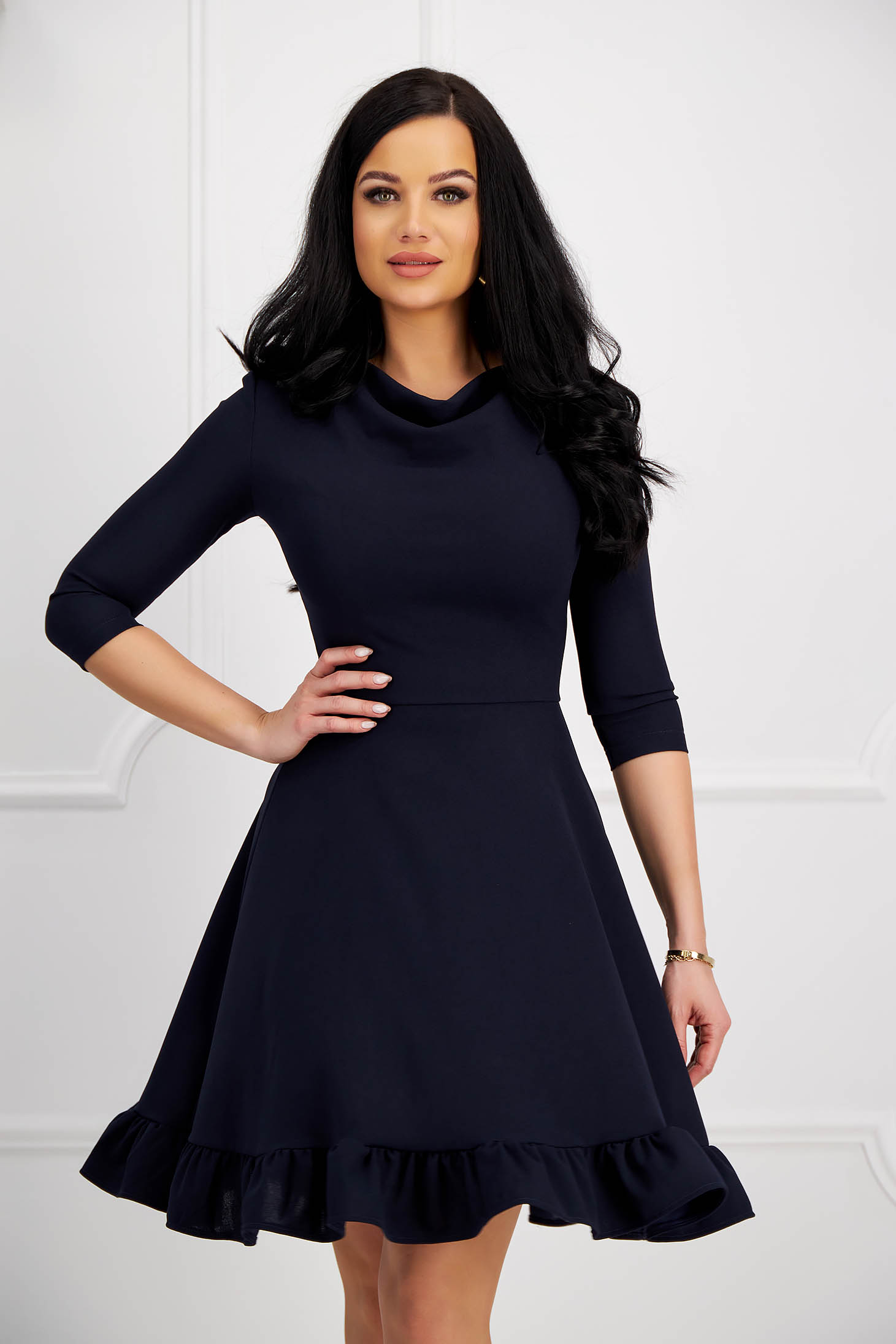 Navy blue crepe dress with a dropped neckline and ruffles at the base of the dress - StarShinerS 1 - StarShinerS.com