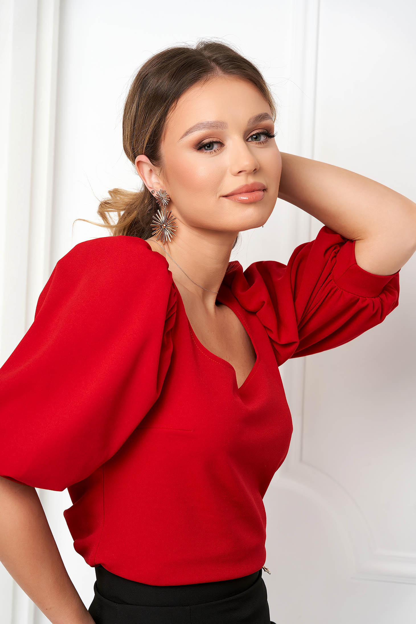 Red women`s blouse crepe tented with puffed sleeves with cuffs - StarShinerS