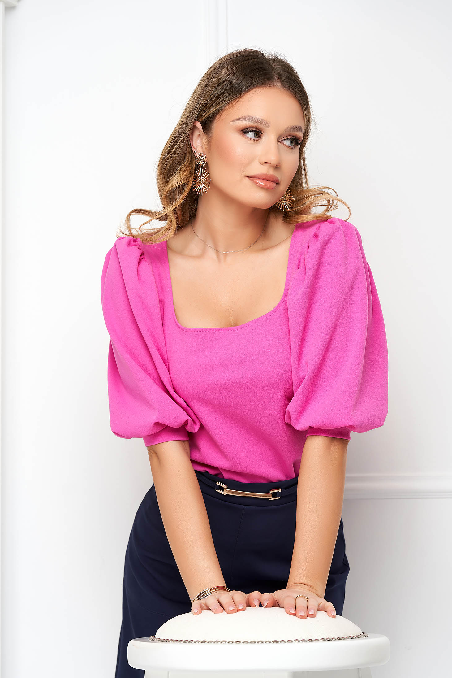 Fuchsia women`s blouse crepe tented with puffed sleeves with cuffs - StarShinerS