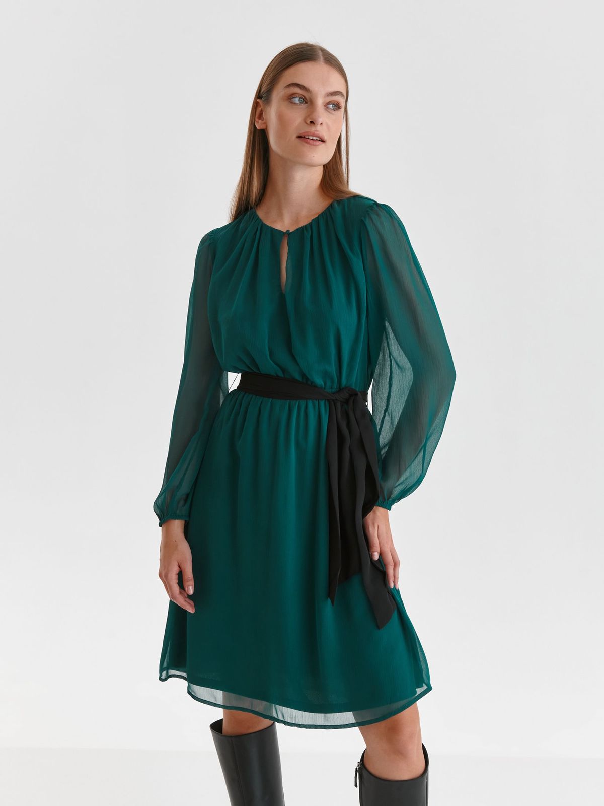 Darkgreen dress from veil fabric short cut cloche with elastic waist with puffed sleeves