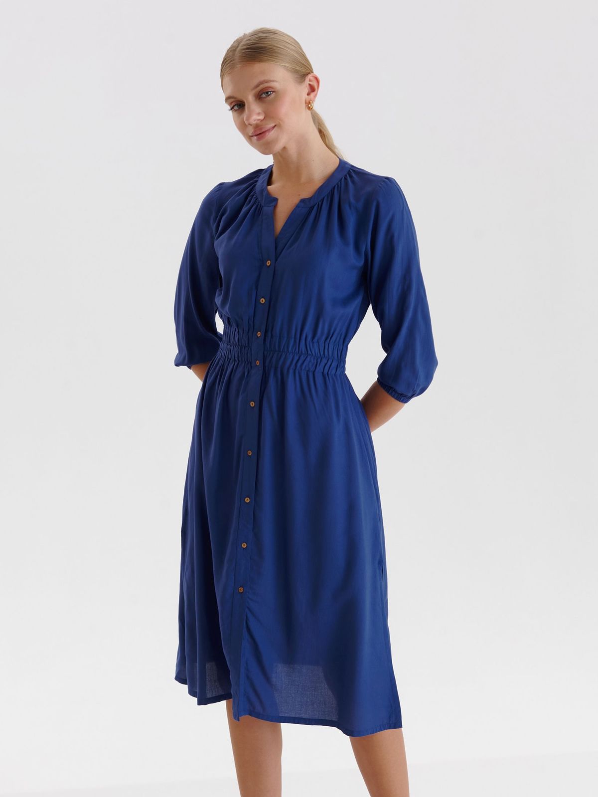 Rochie tip camasa din georgette bleumarin midi in clos cu elastic in talie si slit lateral - Top Secret