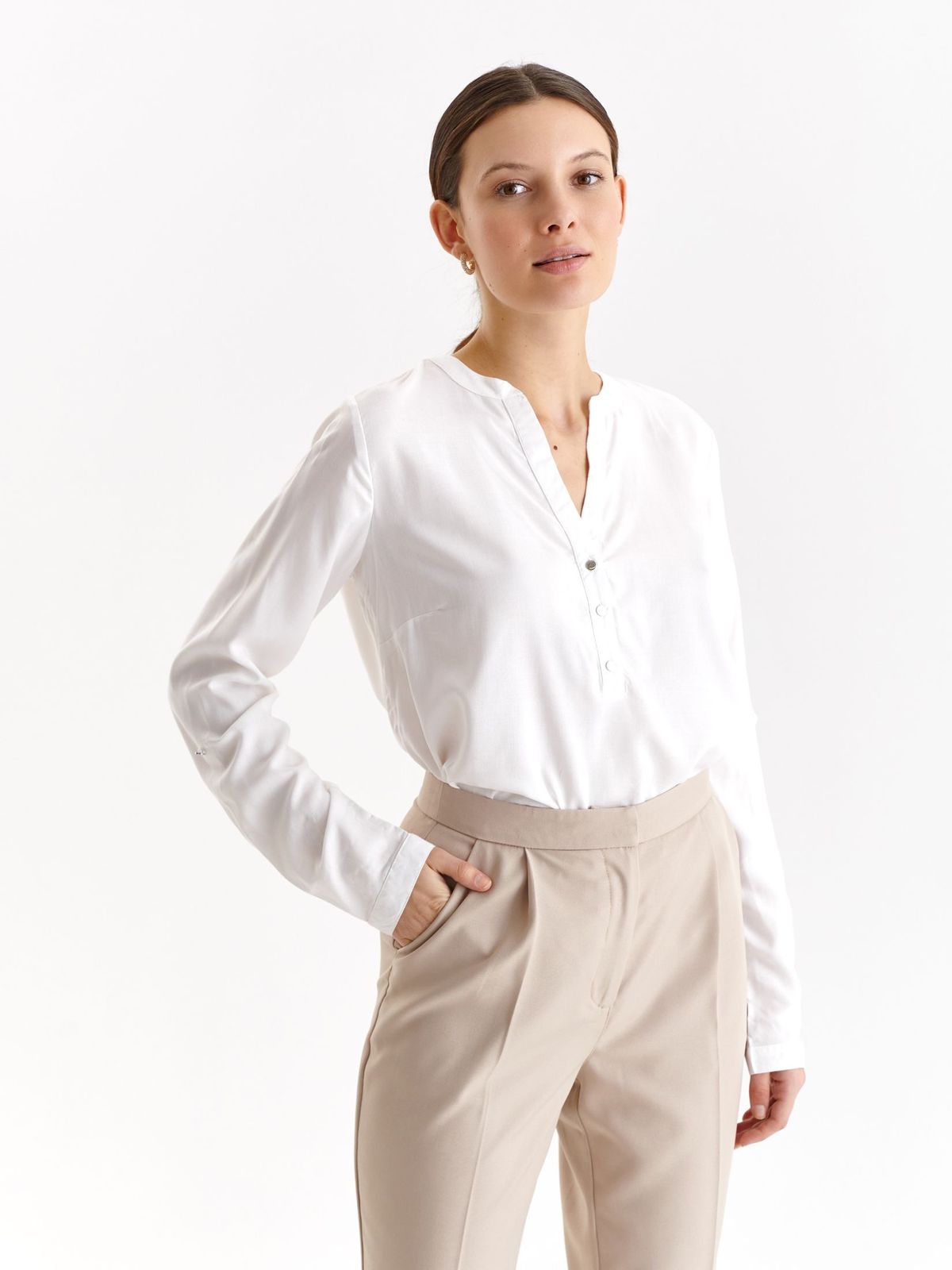 White women`s blouse thin fabric loose fit with v-neckline