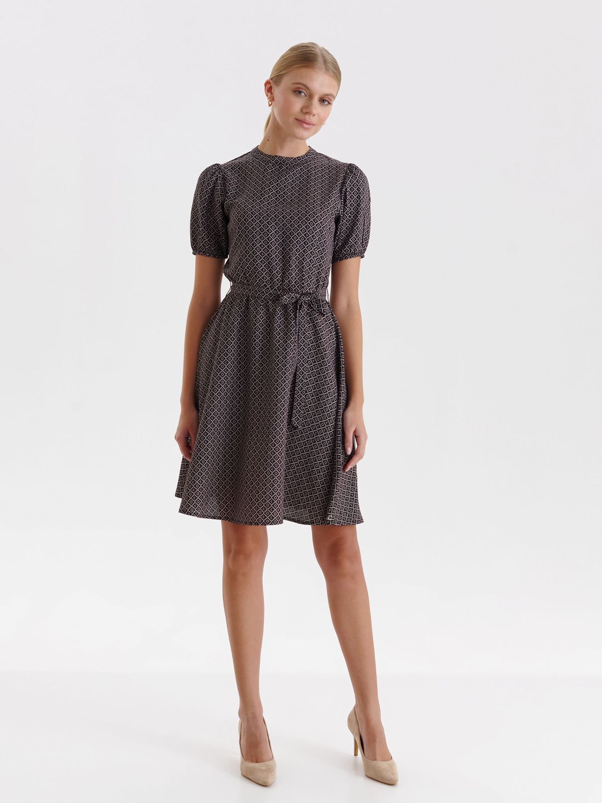 Black dress thin fabric short cut loose fit accessorized with tied waistband with puffed sleeves