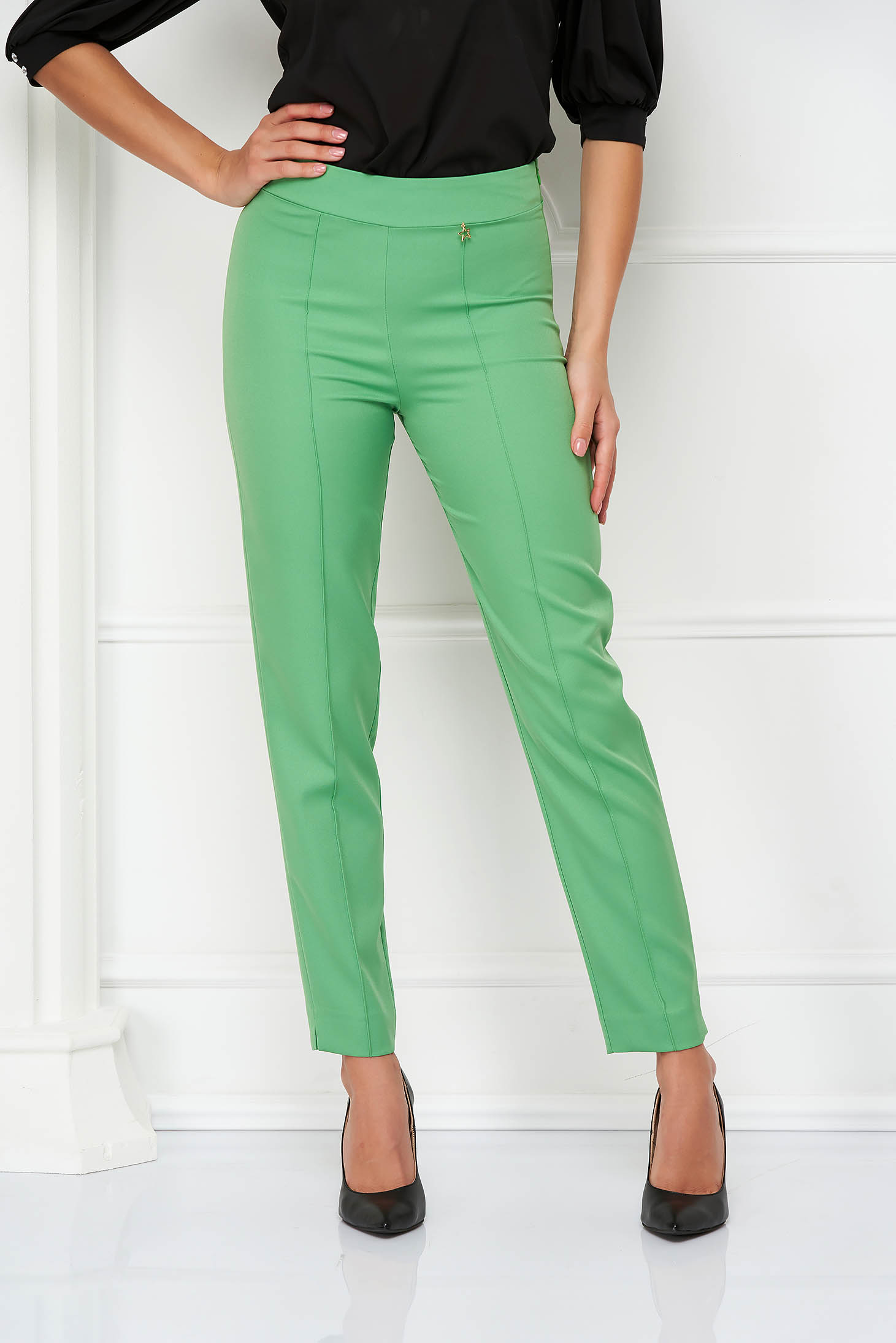 High-waisted Tapered Trousers in Light Green Stretch Fabric - StarShinerS 1 - StarShinerS.com