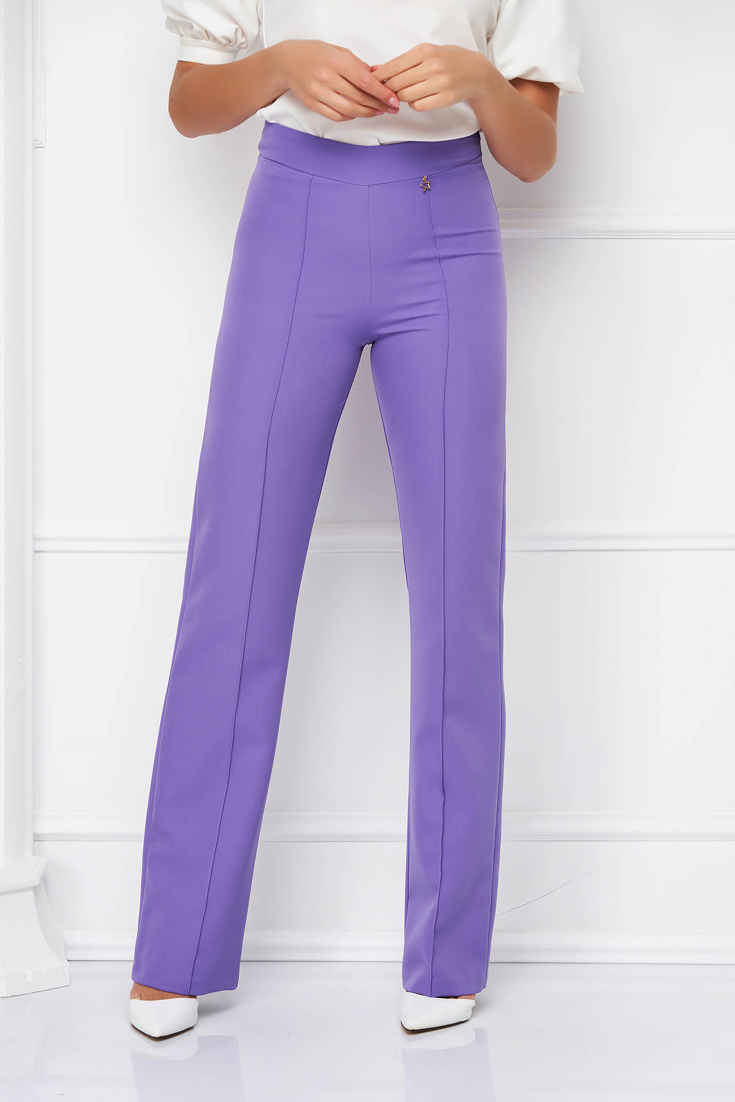 Pantaloni din stofa usor elastica mov lungi evazati cu talie inalta - StarShinerS 1 - StarShinerS.ro