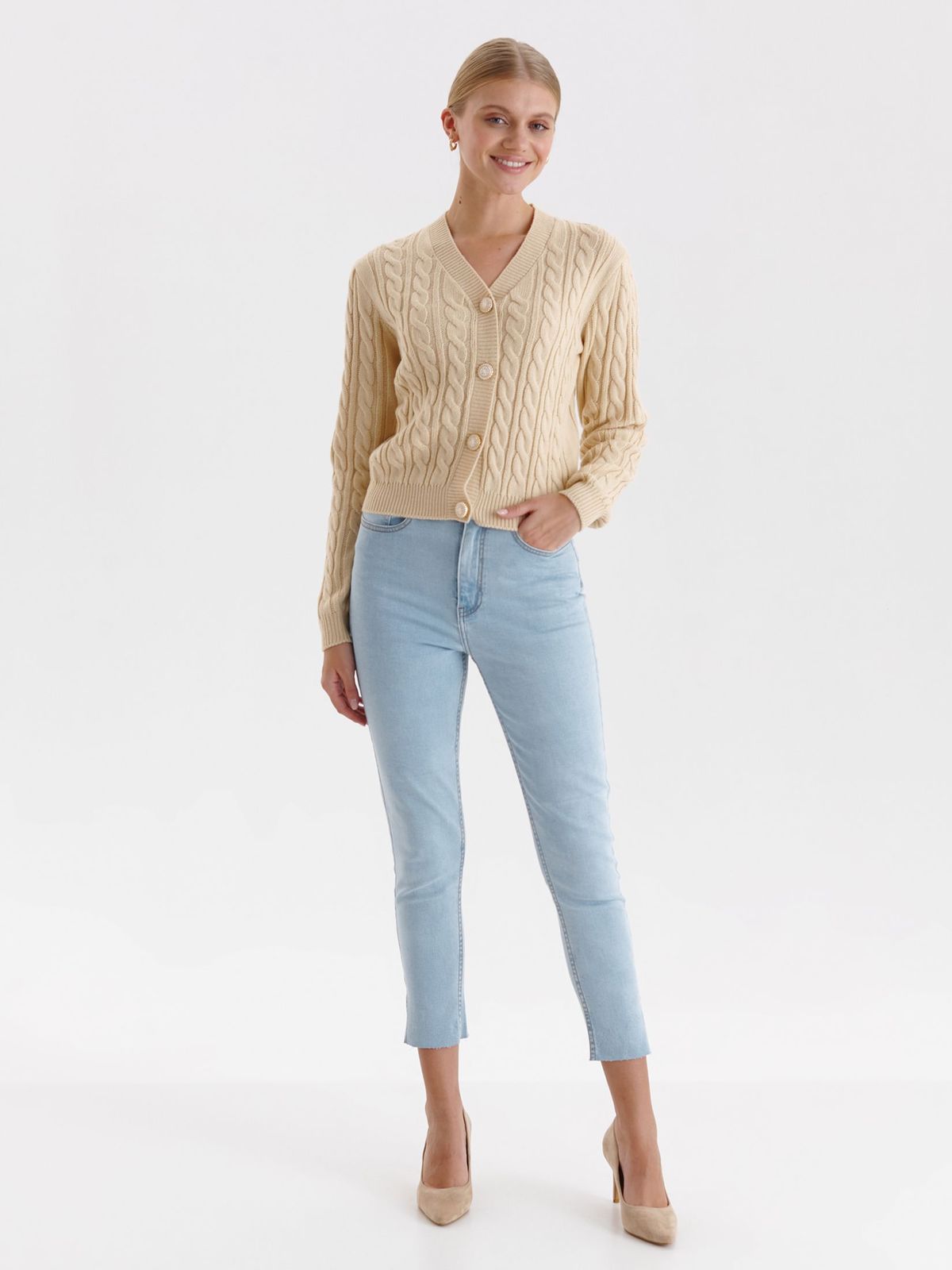 Cardigan din tricot bej cu croi larg si decolteu in v - Top Secret