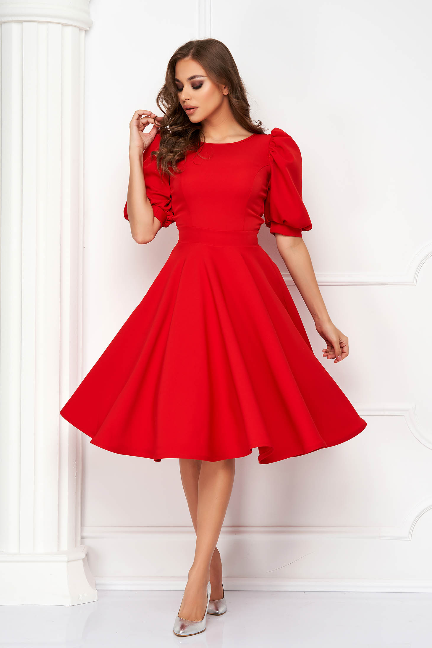 Red dress midi cloche elastic cloth v back neckline - StarShinerS