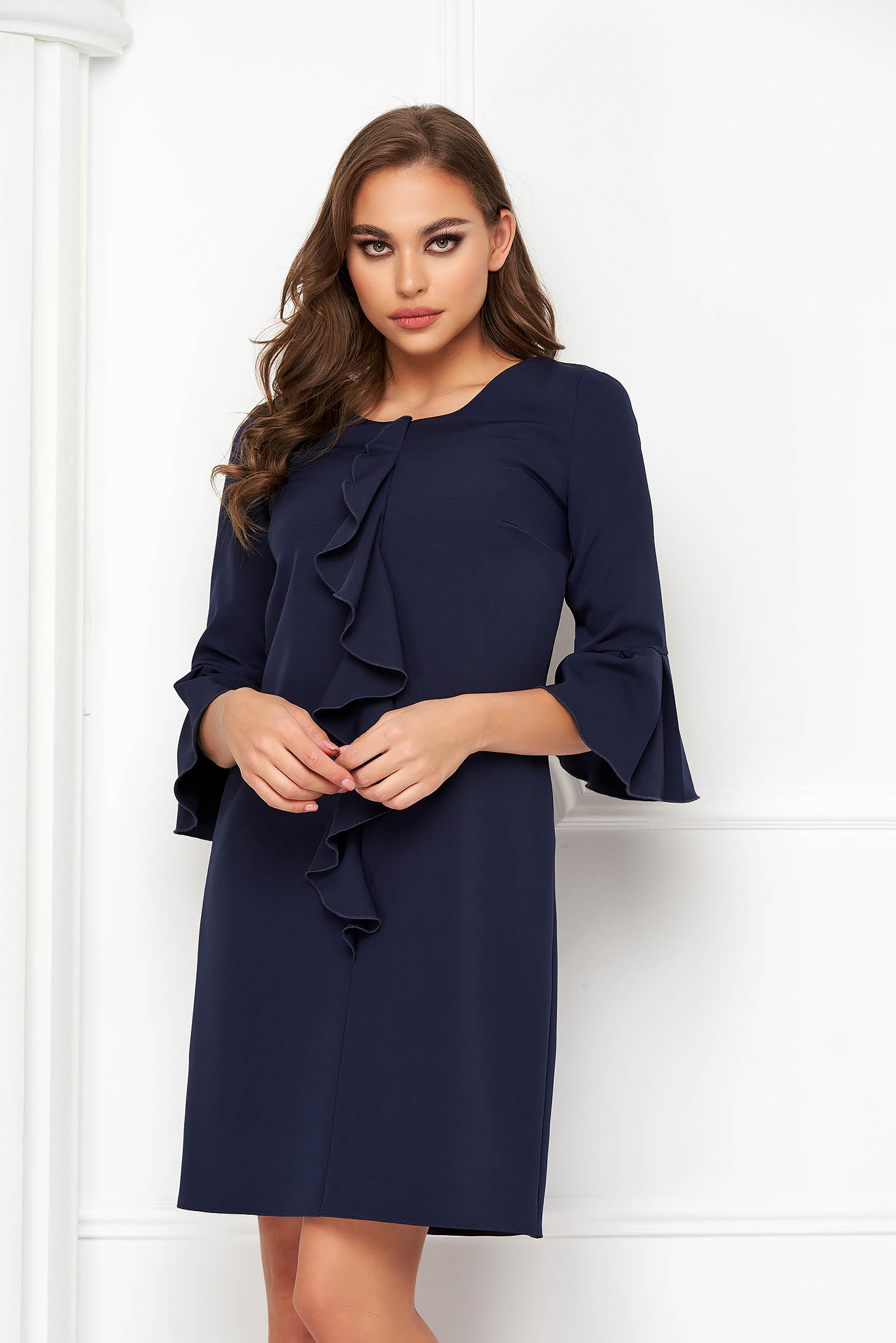 Dark blue dress slightly elastic fabric short cut loose fit with ruffle details - StarShinerS