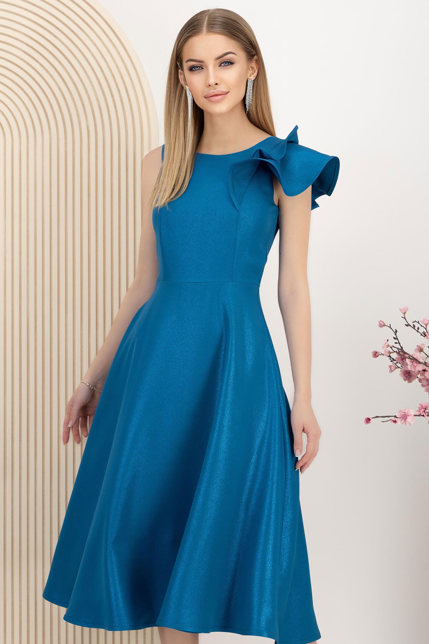 Rochie din stofa cu sclipici albastru petrol midi in clos cu volanas pe umar - StarShinerS 1 - StarShinerS.ro