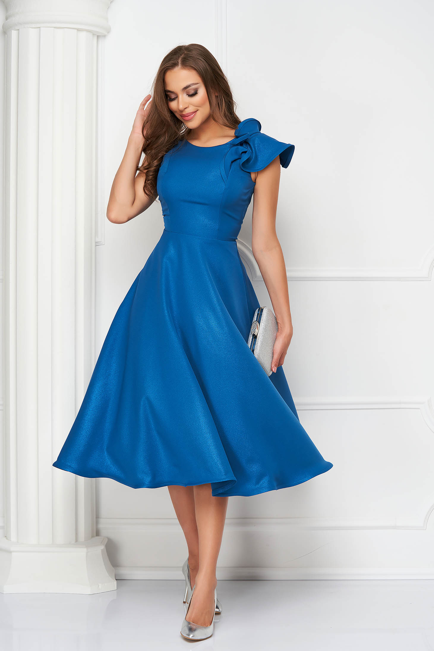 Rochie din stofa elastica albastru petrol in clos cu volanase pe umar - StarShinerS
