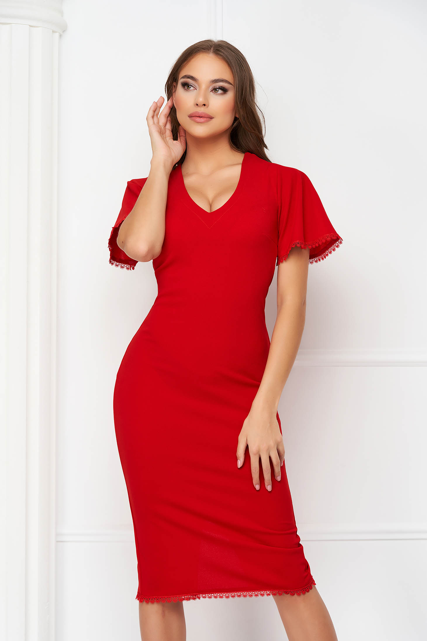 Red crepe pencil dress with lace applications - StarShinerS 1 - StarShinerS.com