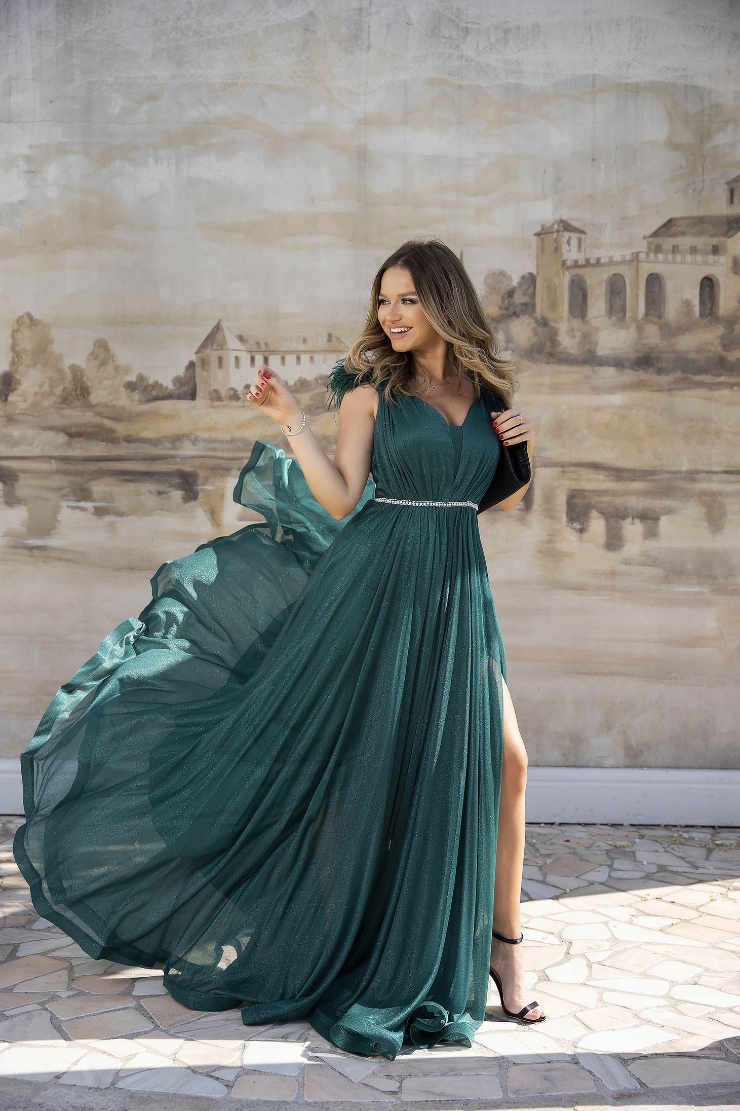 Long dark green glitter tulle dress with feathers on the shoulders 1 - StarShinerS.com