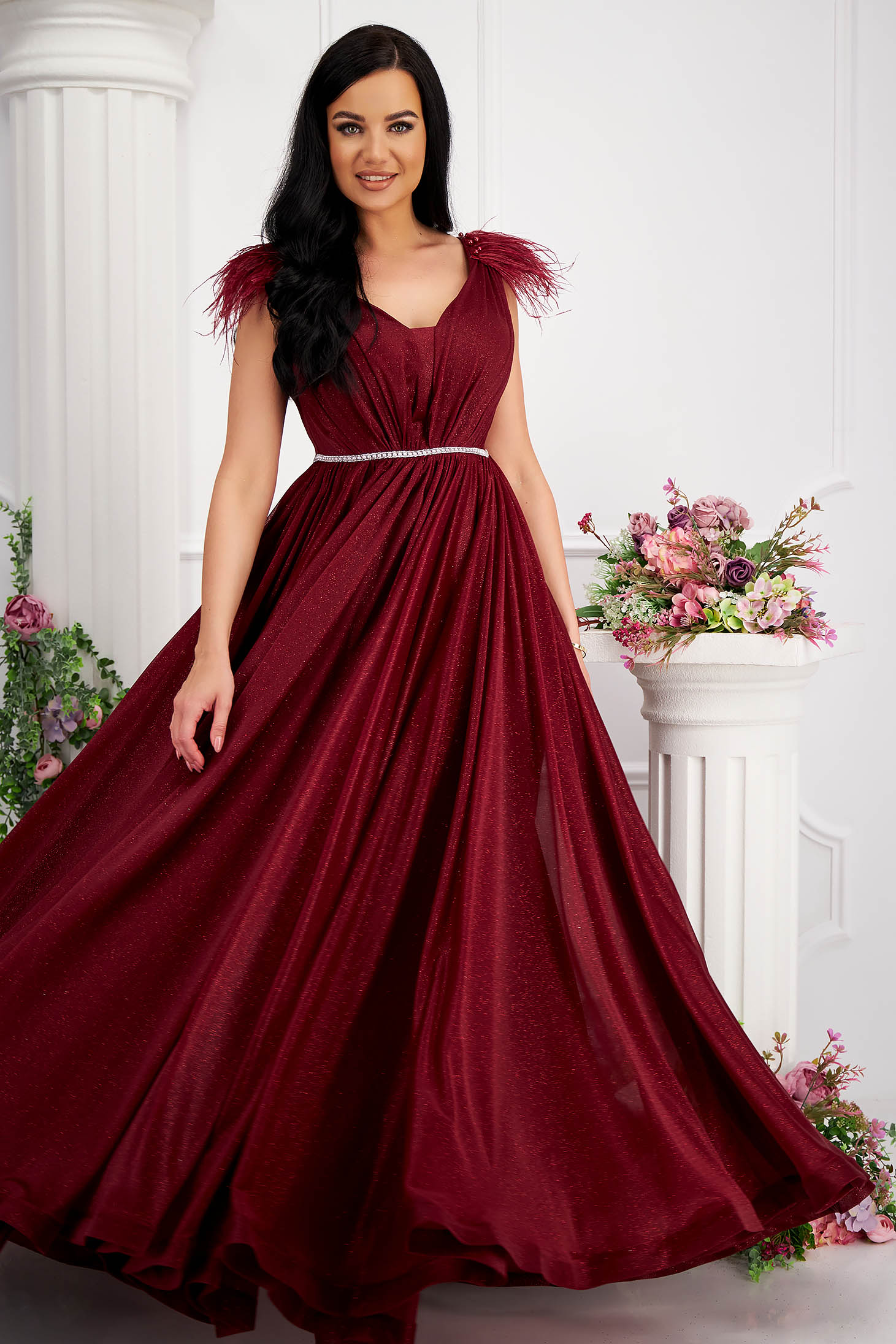 Long cherry glitter tulle dress with feathers on the shoulders 1 - StarShinerS.com