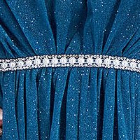 Petrol blue glitter tulle dress long in flared style with feathers on the shoulders