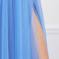 Light blue tulle long flared dress accessorized with rhinestones and feathers