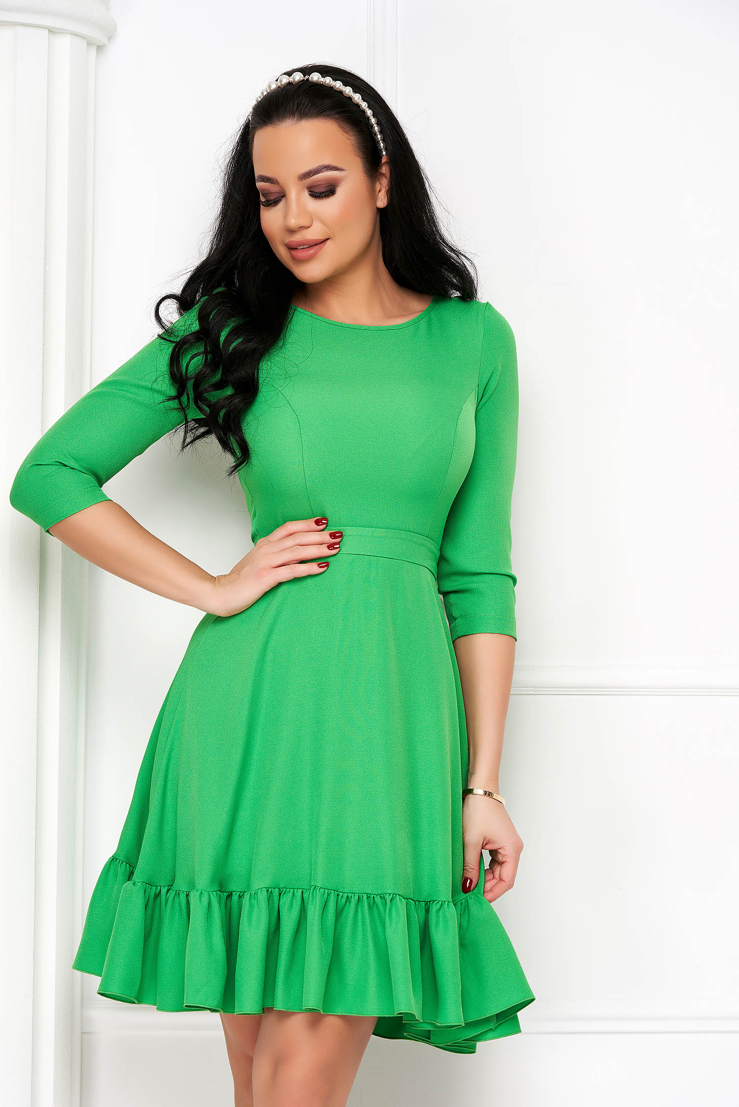 Georgette Dress with Light Green Graining Short in Flared with Rounded Neckline - StarShinerS 1 - StarShinerS.com