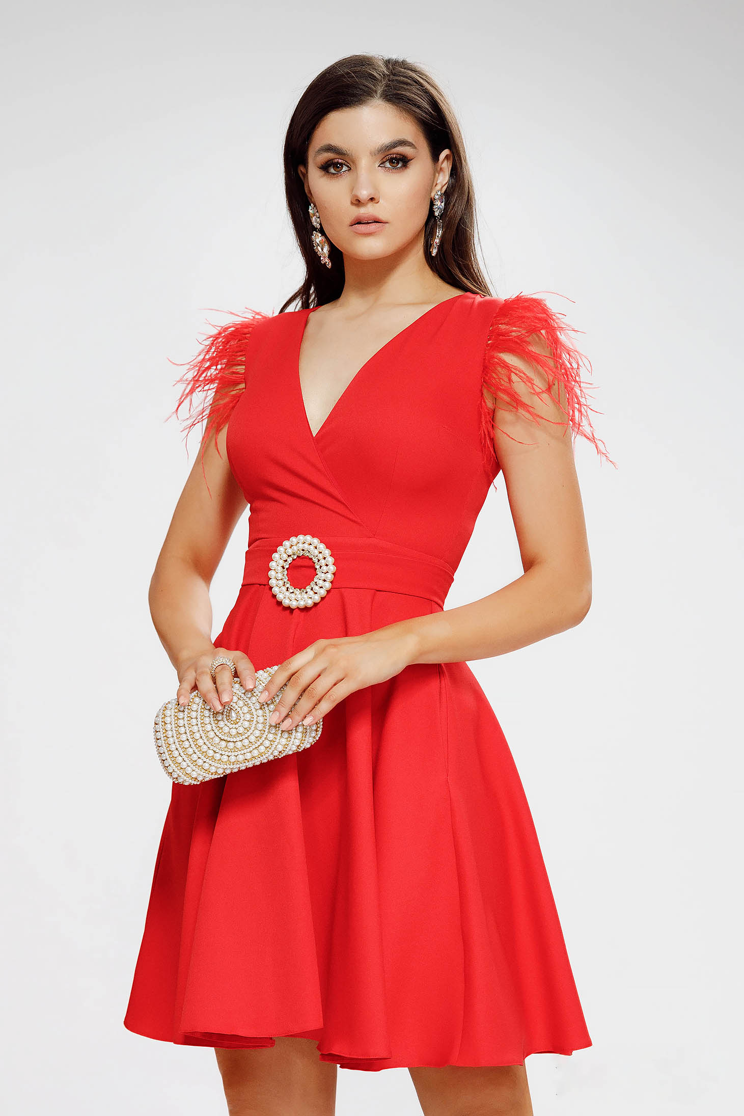 Red dress slightly elastic fabric midi cloche with pockets feather details office pencil short sleeve