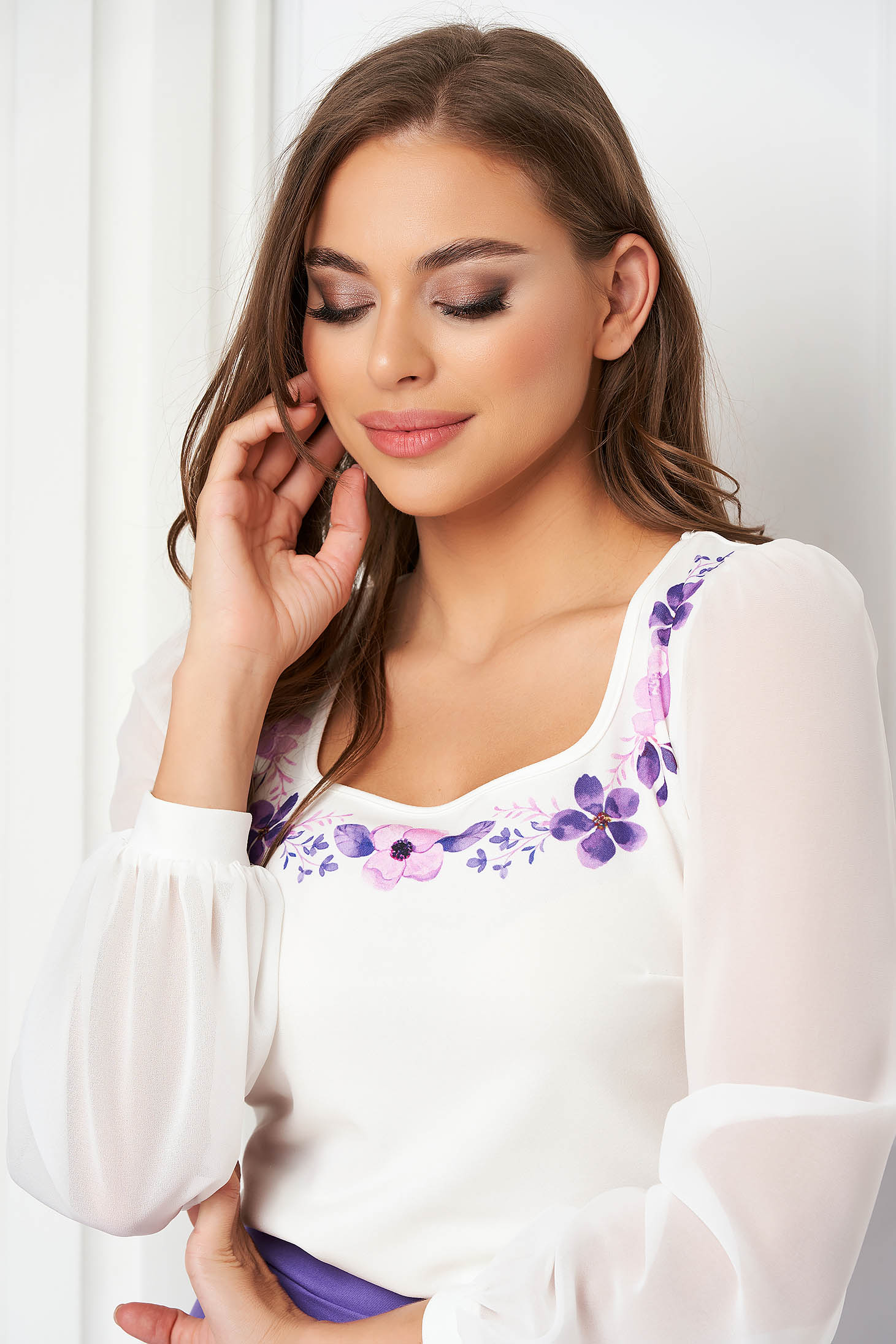 White women`s blouse crepe loose fit with veil sleeves with puffed sleeves - StarShinerS 1 - StarShinerS.com