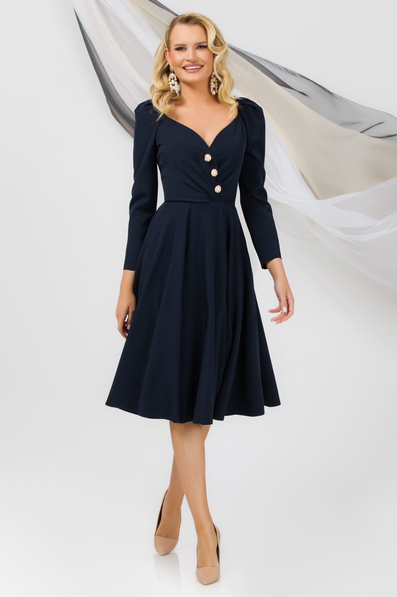 Rochie din stofa usor elastica bleumarin in clos cu decolteu petrecut si nasturi decorativi - PrettyGirl