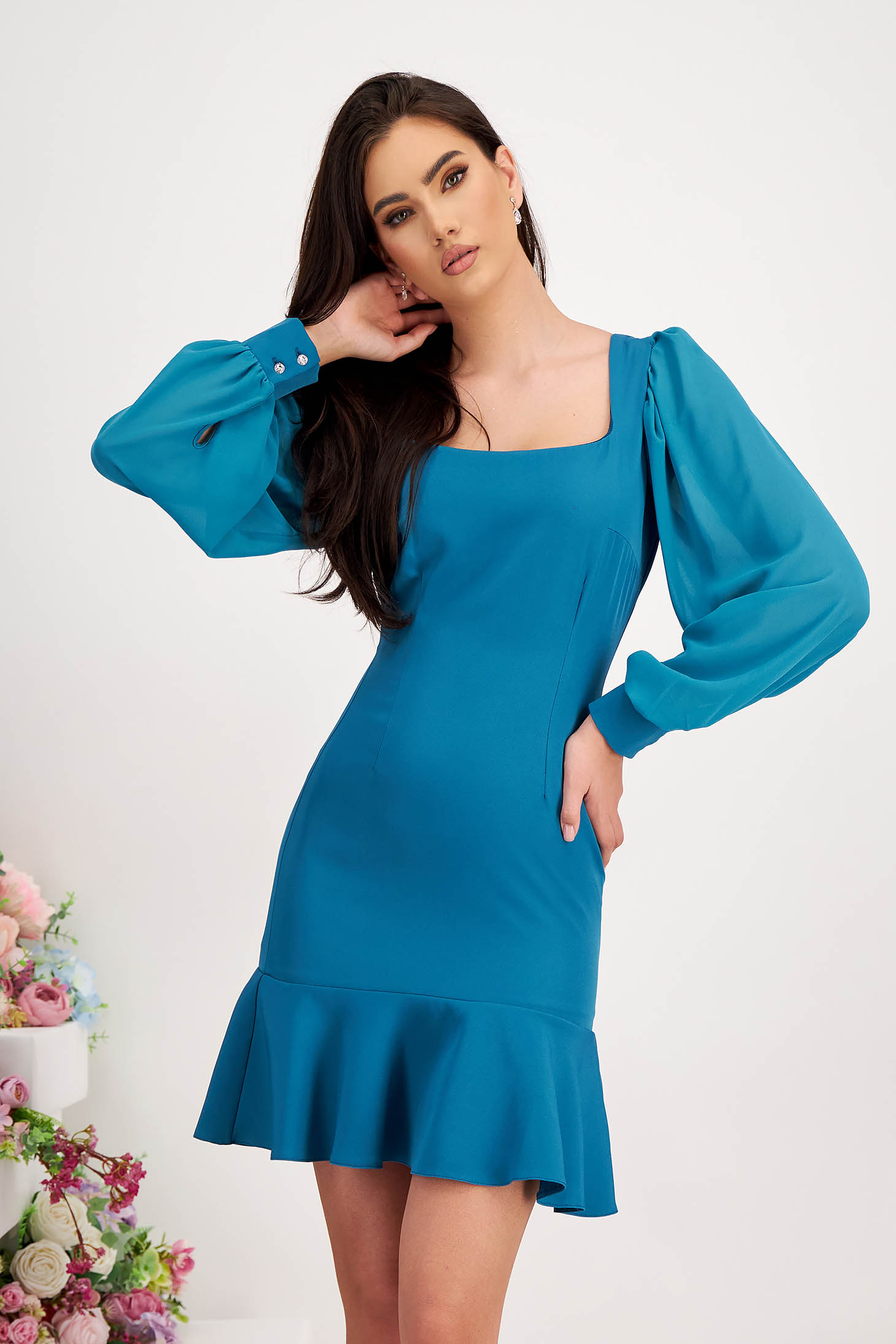 Petrol Blue Pencil Dress made from slightly stretchy fabric with puff sleeves in voal - StarShinerS 1 - StarShinerS.com