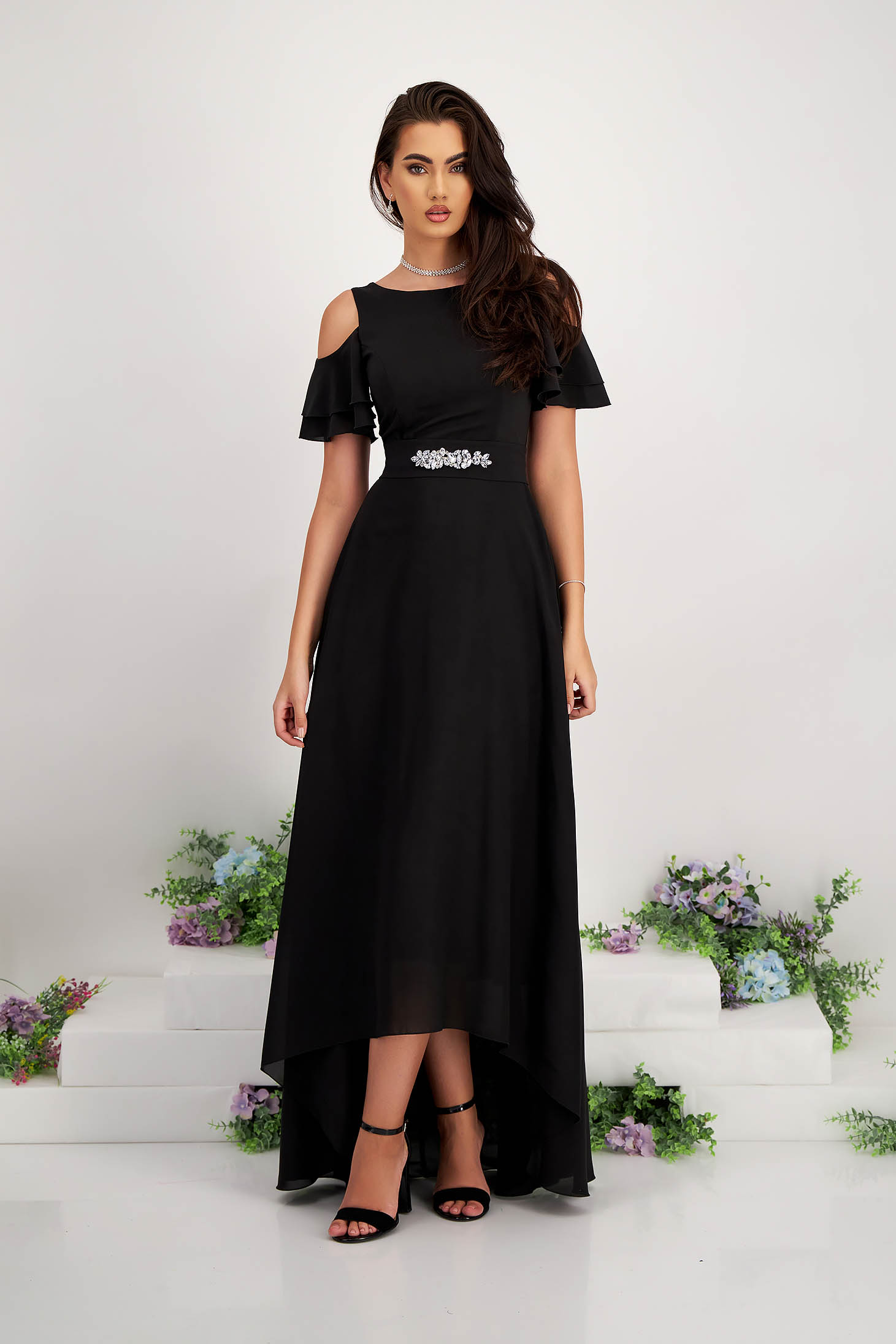 Asymmetrical Long Black Chiffon Dress with Cut-out Shoulders - StarShinerS