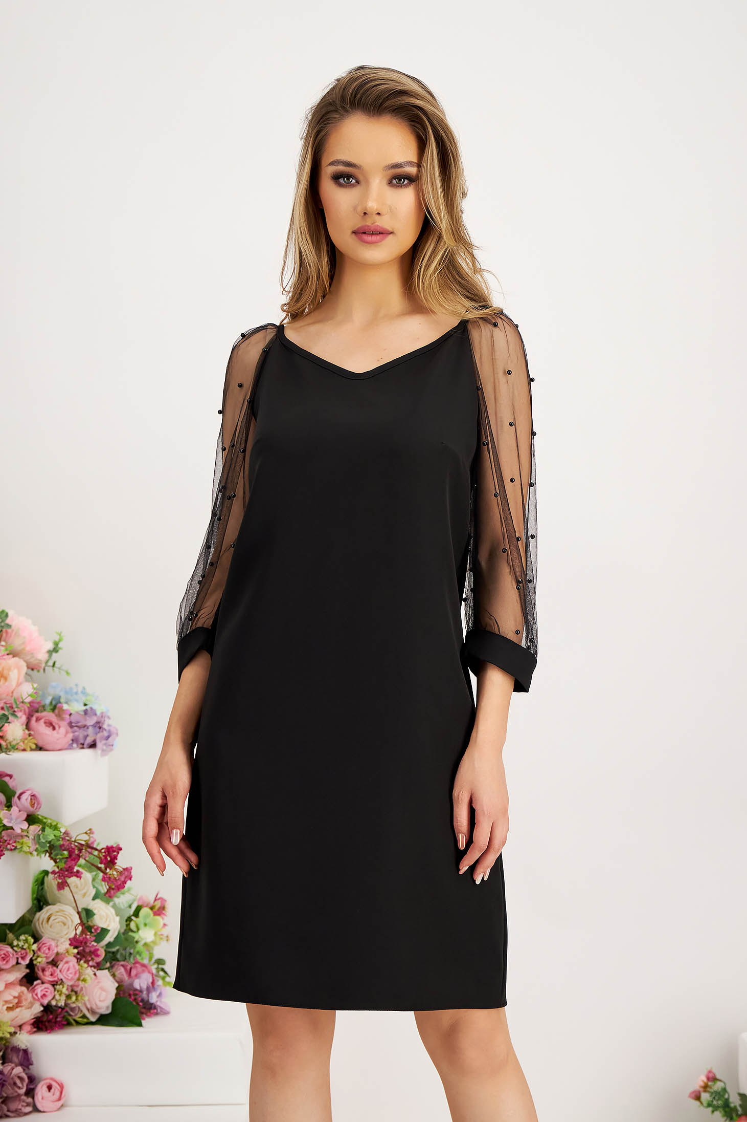 Black dress slightly elastic fabric with 3/4 sleeves with pearls straight - StarShinerS