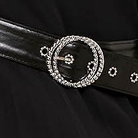 Fekete harang rakott, pliszírozott ruha enyhén rugalmas szövetből 3d virágos díszítéssel kivágott ujjrészekkel
