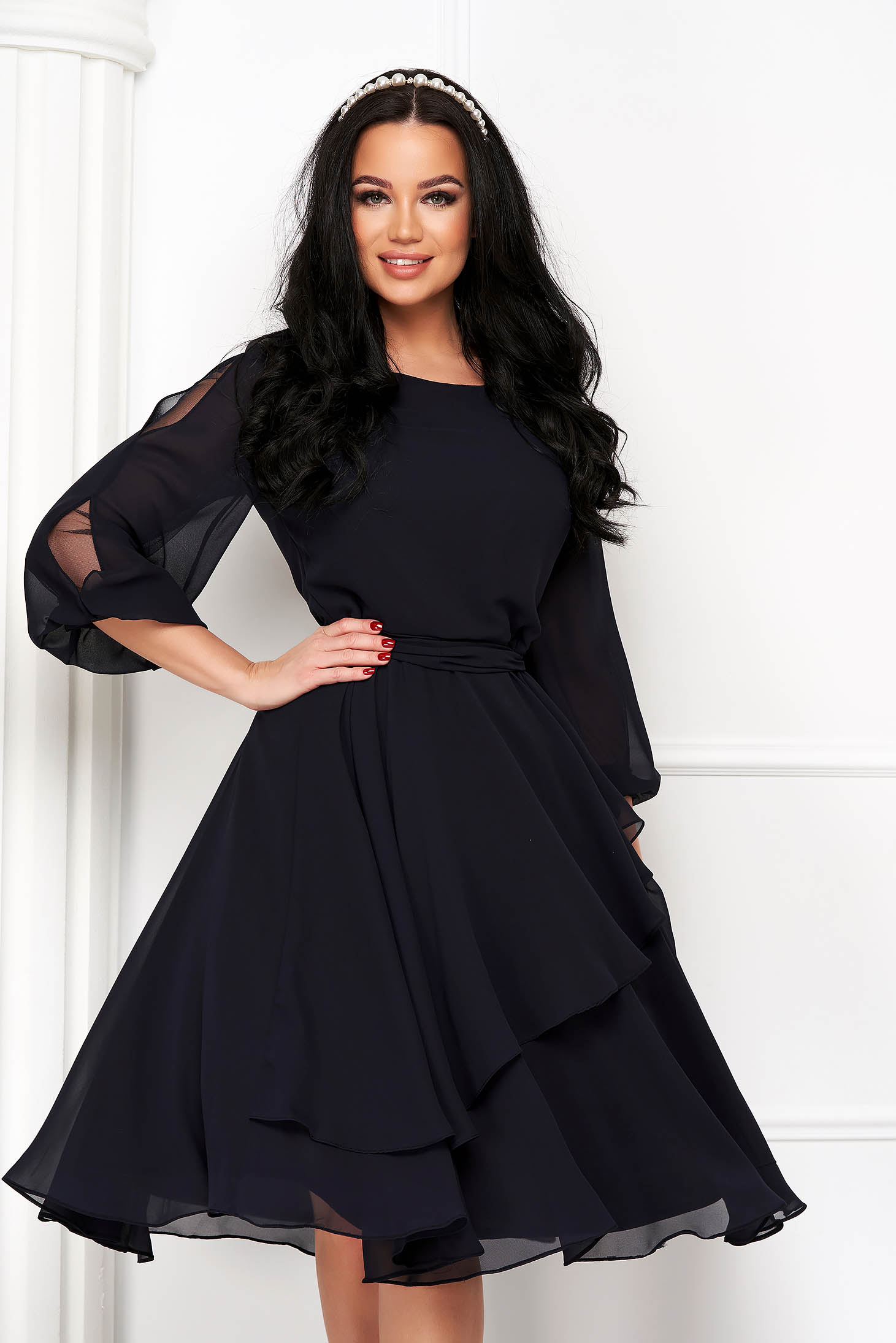 Black dress from veil fabric cloche with puffed sleeves with cut-out sleeves