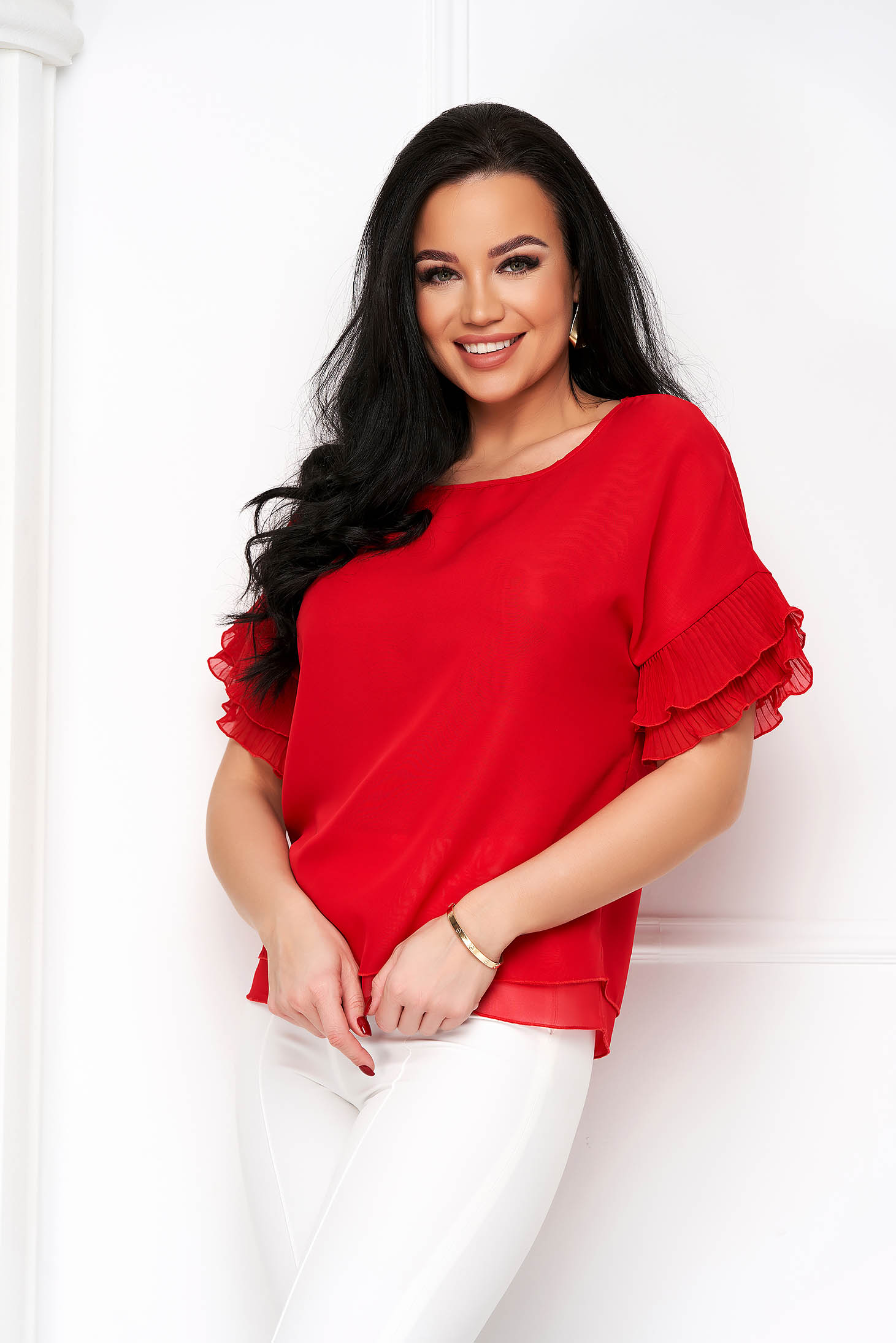 Red voile ladies blouse with wide cut and ruffles on the sleeve - StarShinerS 1 - StarShinerS.com