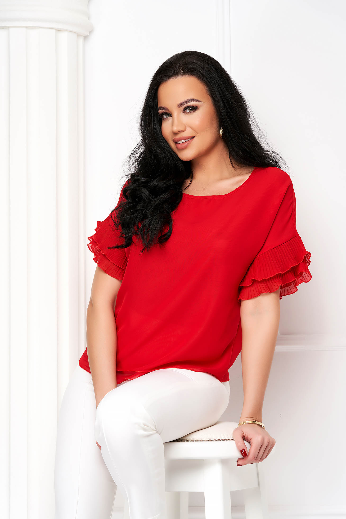 Women`s blouse - StarShinerS red from veil fabric loose fit with ruffled sleeves